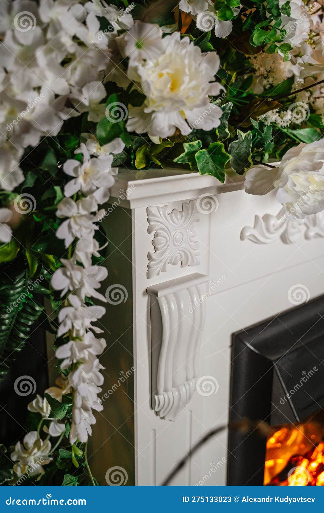Artificial Flowers in the Design of the Fireplace Stock Image Image of background, design