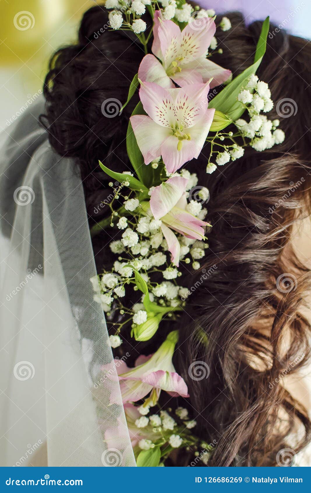 Artificial Flowers in the Hair. Wedding Hairstyle Stock Image - Image of  gorgeous, beauty: 126686269