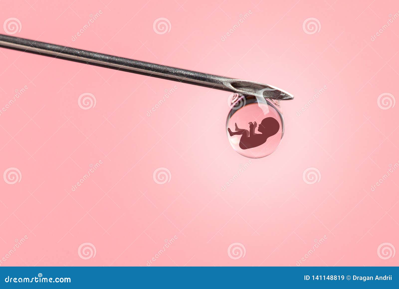 artificial insemination. test tube baby, ivf. on the tip of the needle drop of syringe with the silhouette of baby embryo.
