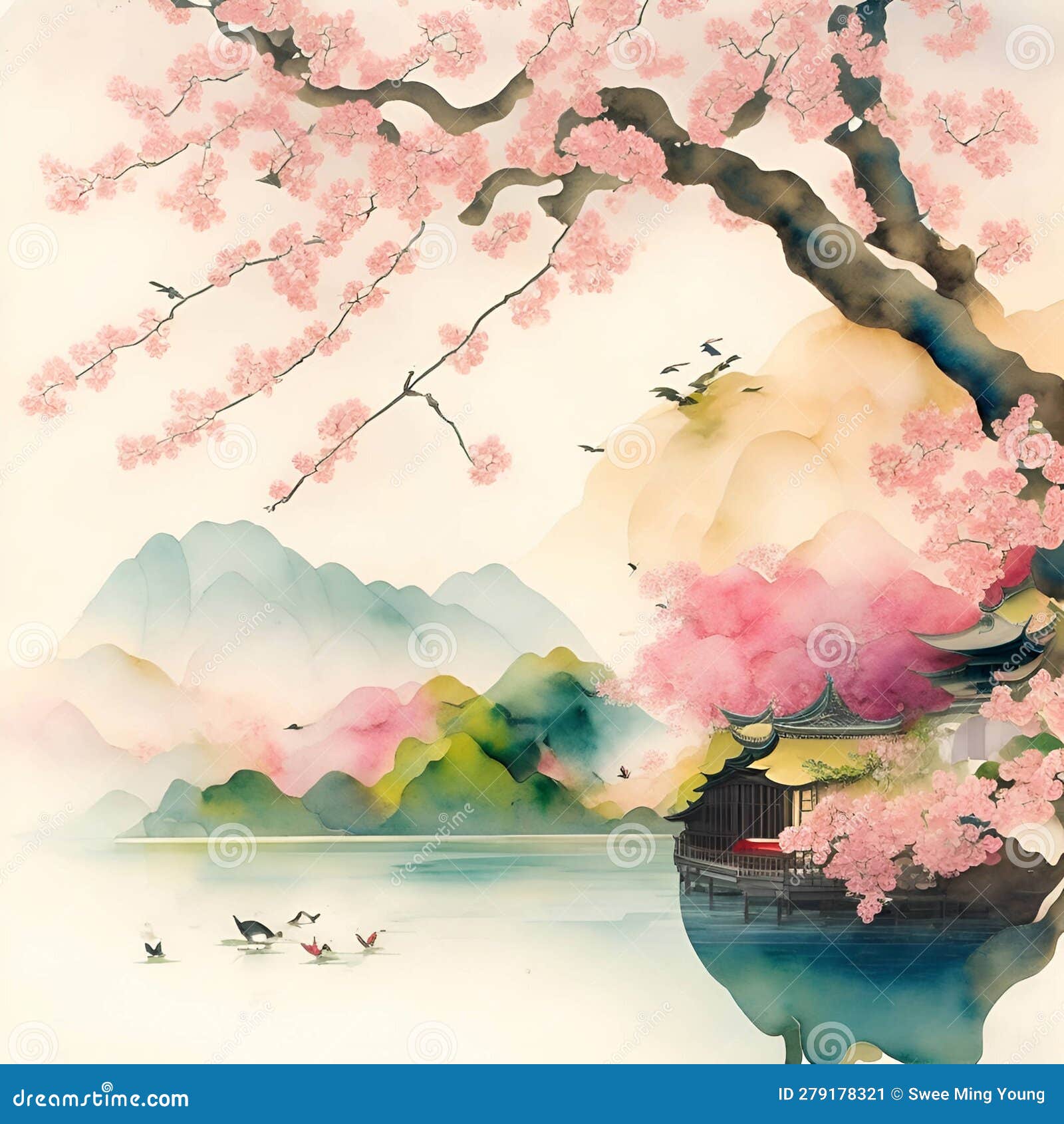 Image of the Traditional Japanese Watercolor Painting Art Featuring Cherry  Blossoms,pagoda,bridge,bamboo and Serene Landscape. Stock Illustration -  Illustration of abstract, oriental: 279178351