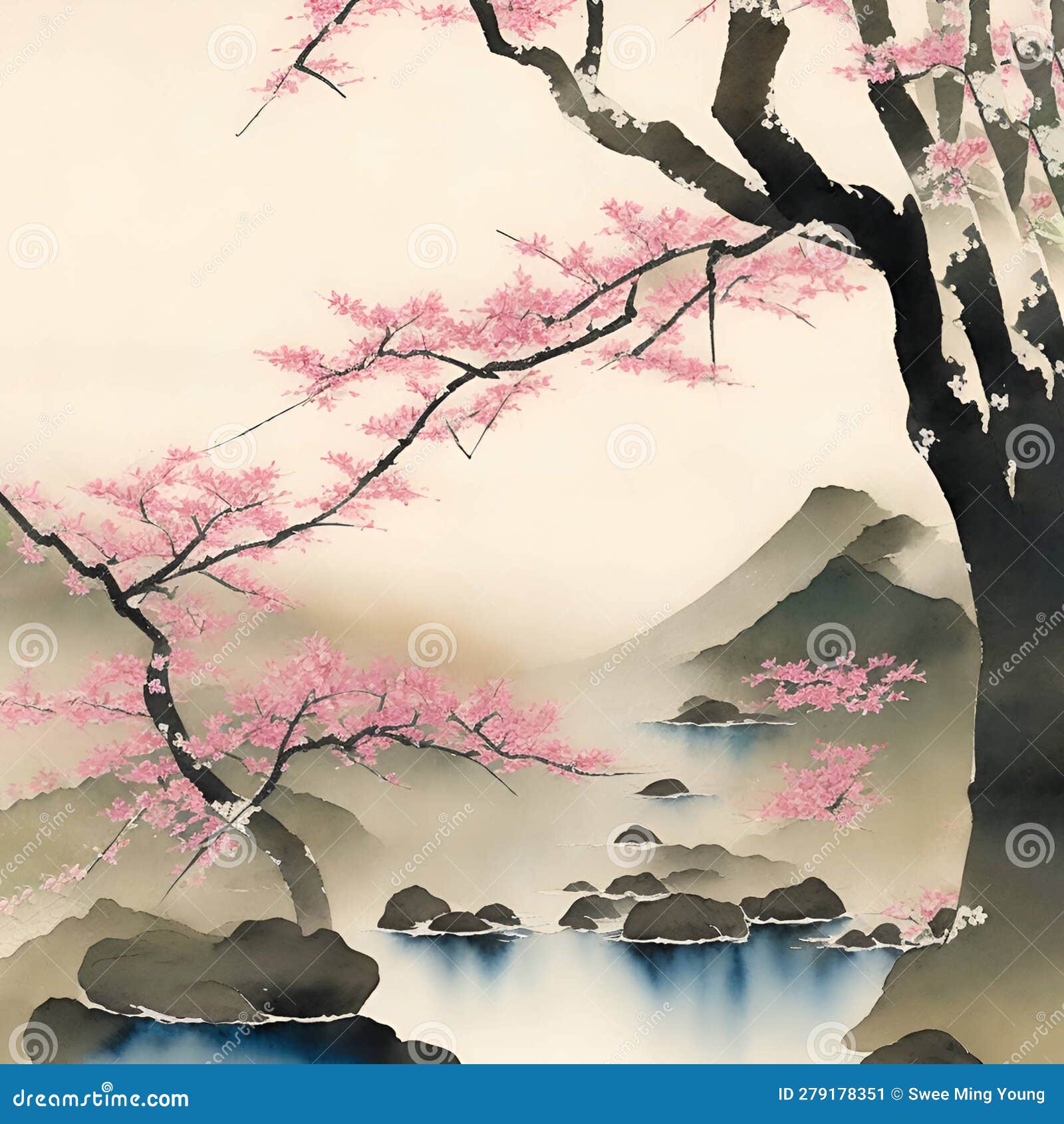 Image of the Traditional Japanese Watercolor Painting Art Featuring Cherry  Blossoms,pagoda,bridge,bamboo and Serene Landscape. Stock Illustration -  Illustration of abstract, oriental: 279178351