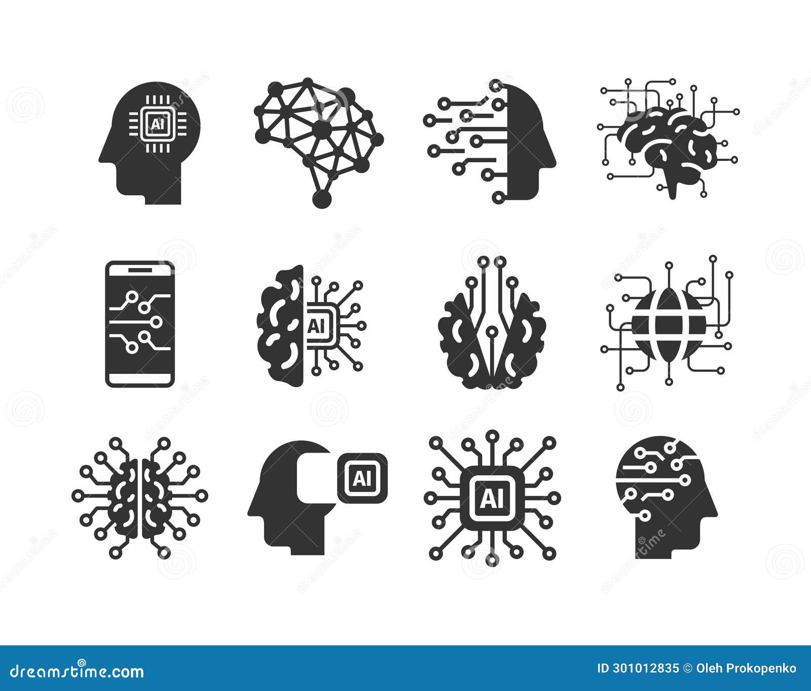Artificial Intelligence Flat Icons. AI Technology: Internet, Solving ...
