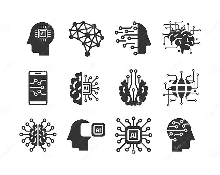 Artificial Intelligence Flat Icons. AI Technology: Internet, Solving ...