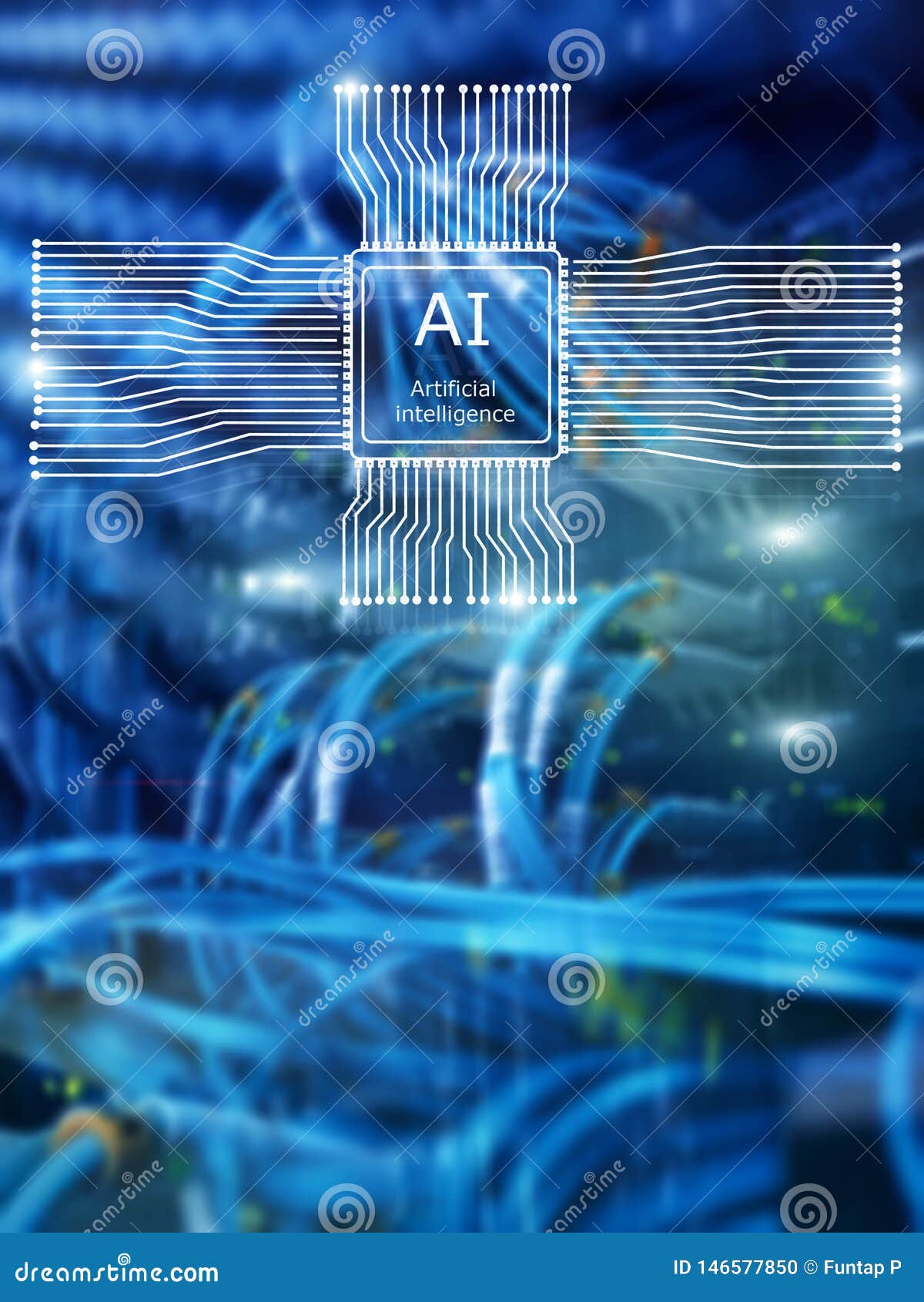 artificial intelligence future technology. communication network concept. blurred modern datacenter background