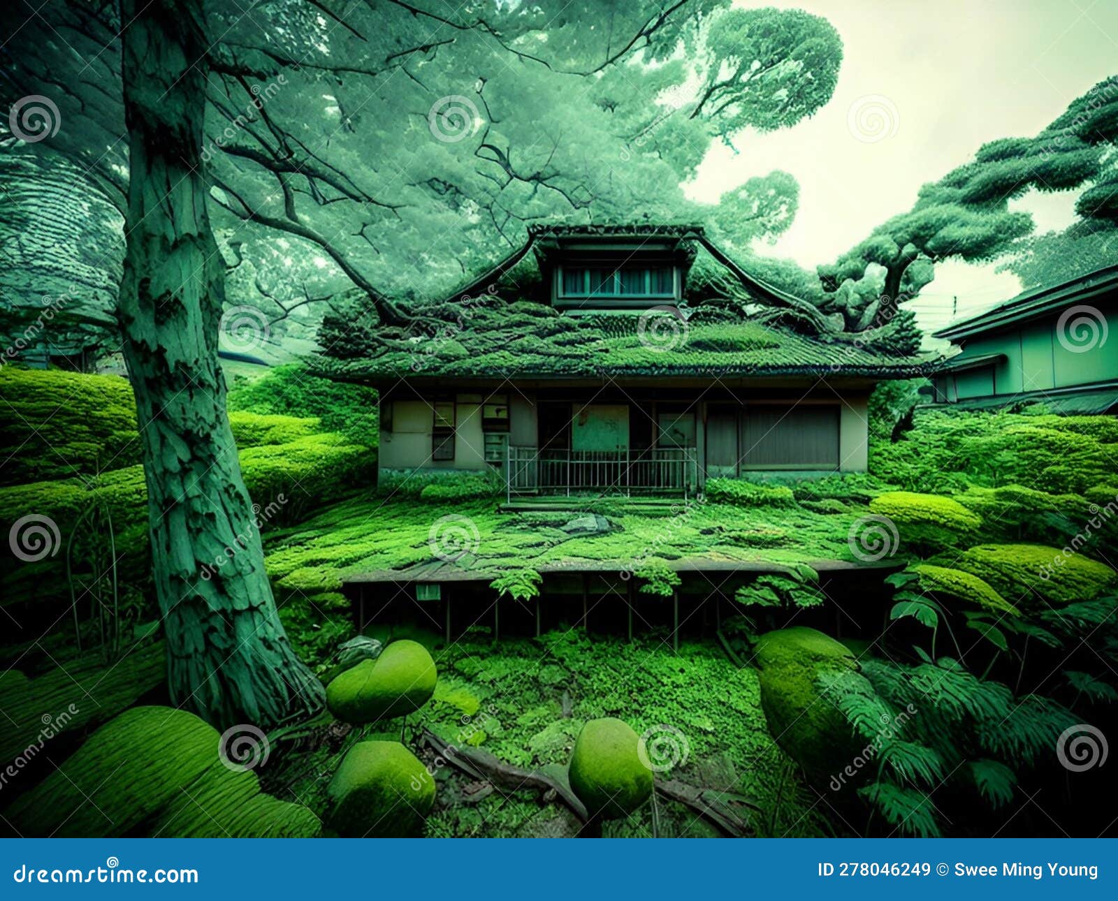 an old abandoned cottage overgrowth with vegetation and also corroded machinery in the jungle.