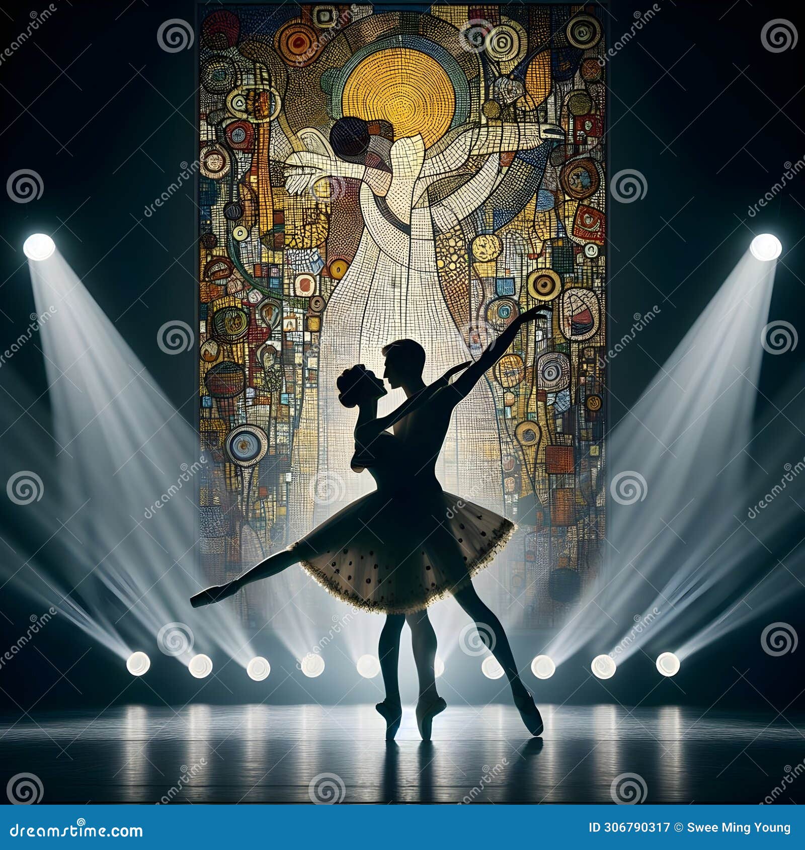 image of ballet dancer in silhouette on stage in gustav klimt style.