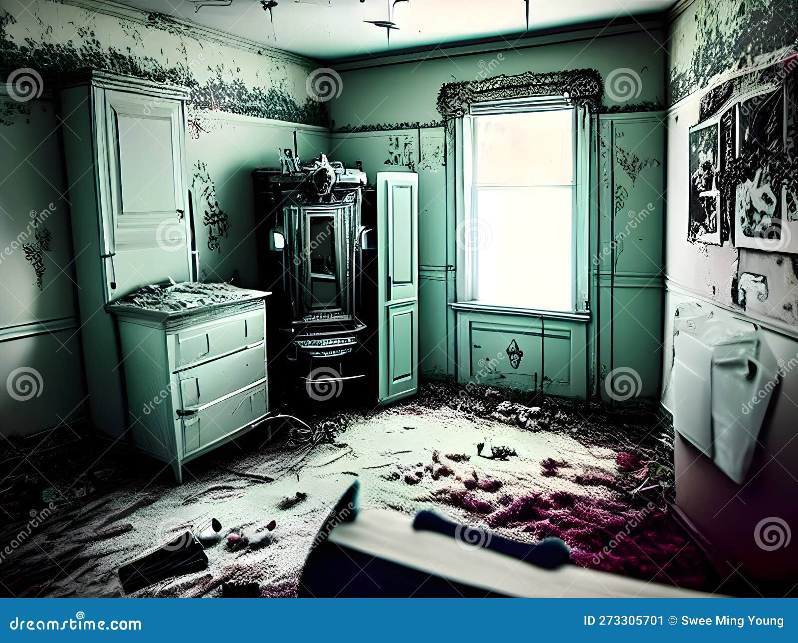 an infrared-modded camera captures interior of the abandoned overgrown and furniture inside the house