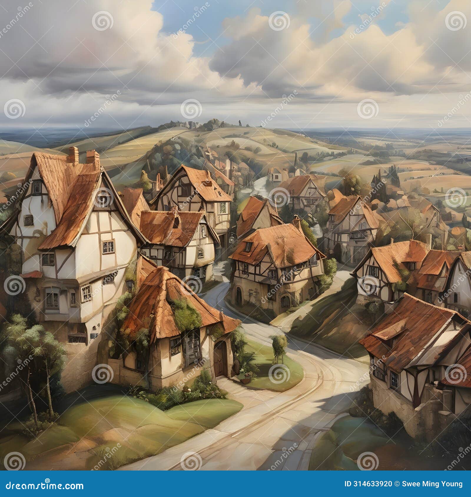 Image of Oil Painting with Angled Homes and Roads in Medieval Style ...