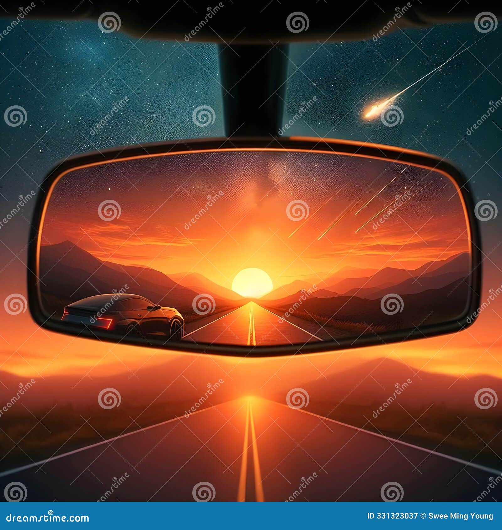 the rear view mirror reflected an orange-yellow sunset,illuminating the road and sky behind.