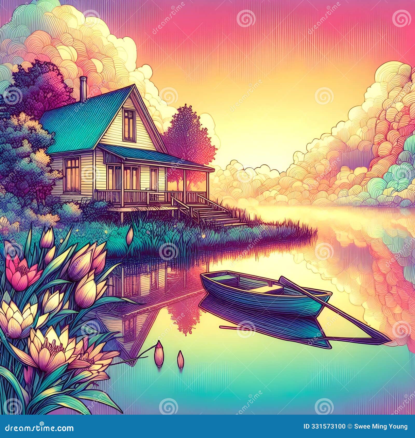 an ultra vibrant realistic 3d render of a lakehouse with a reflective lake environment scene.