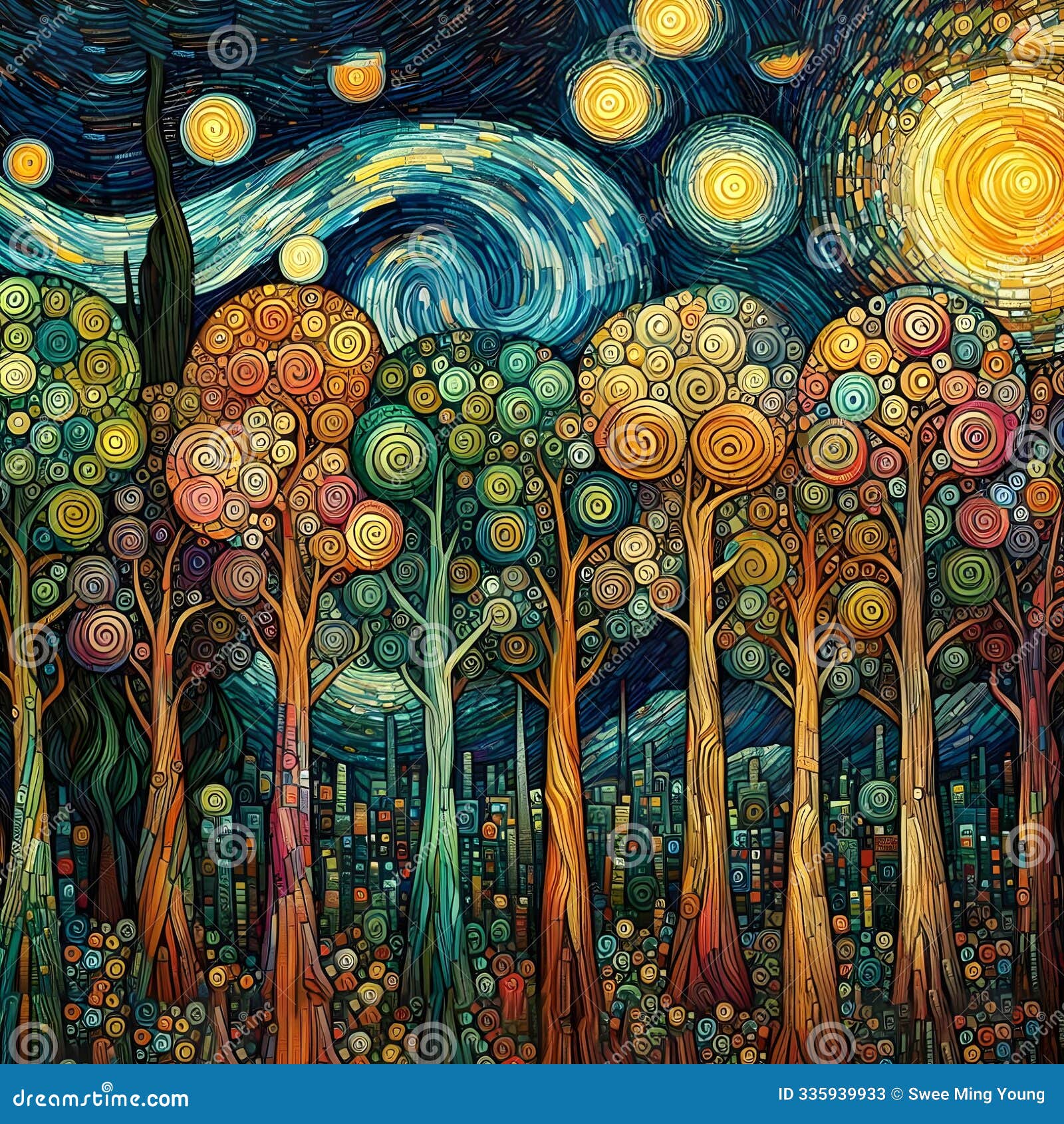 a vibrant color oil painting landscape of klimet inspired trees tall filling the page.