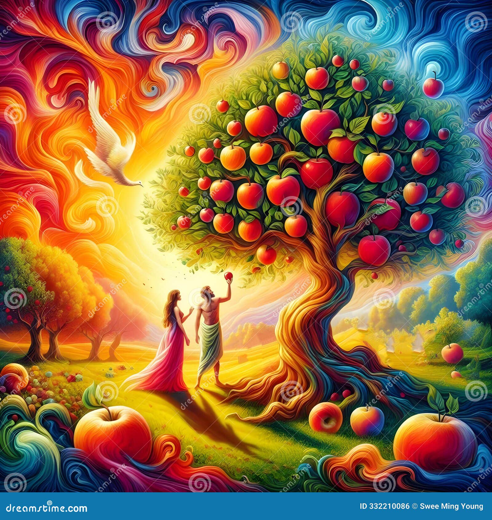 adam and eve under the red apple tree in the garden of eden and one of them reaching to pluck an apple.