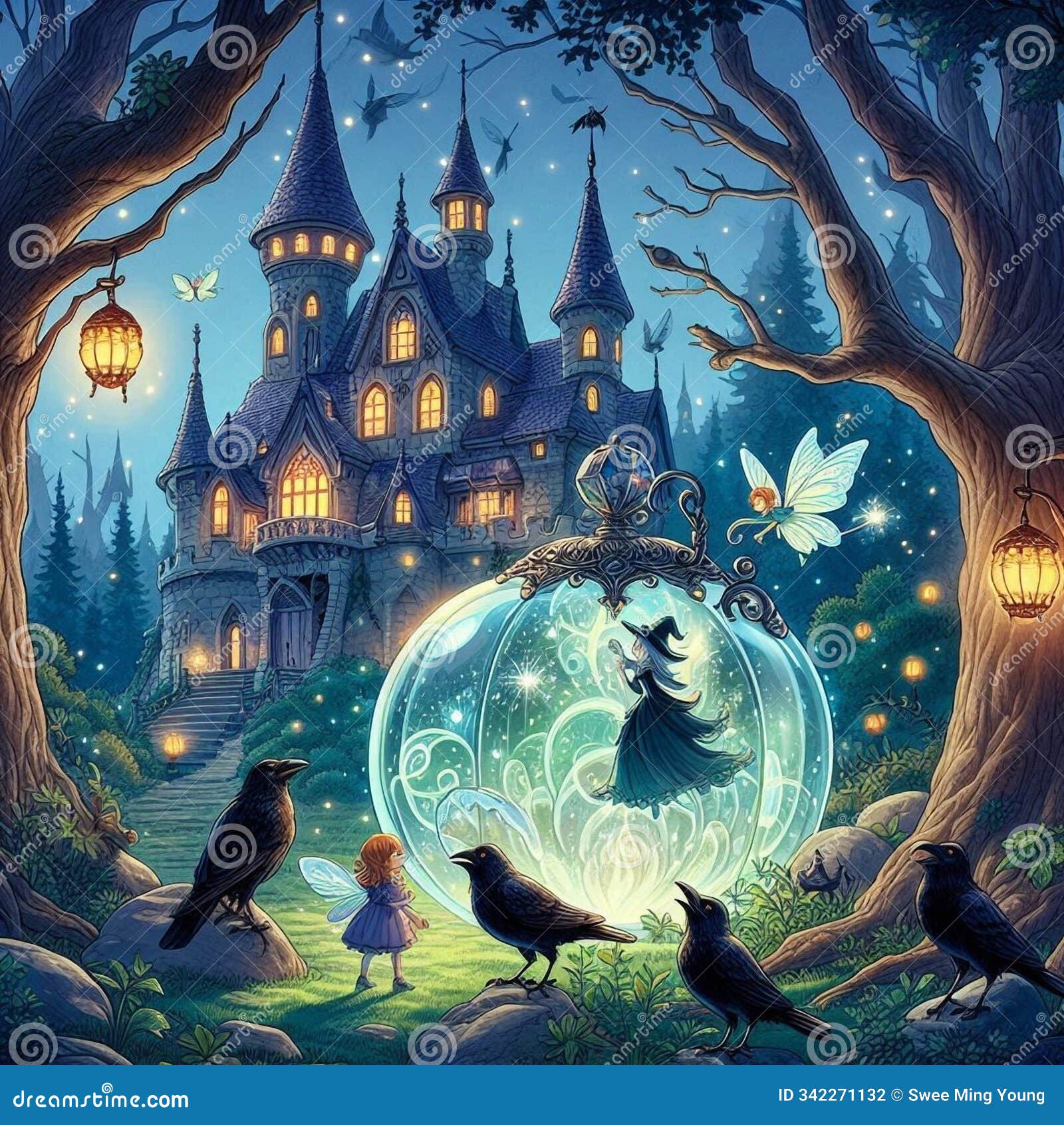a magical forest with gothic s which witch and fairy loiter around the castle cliff.