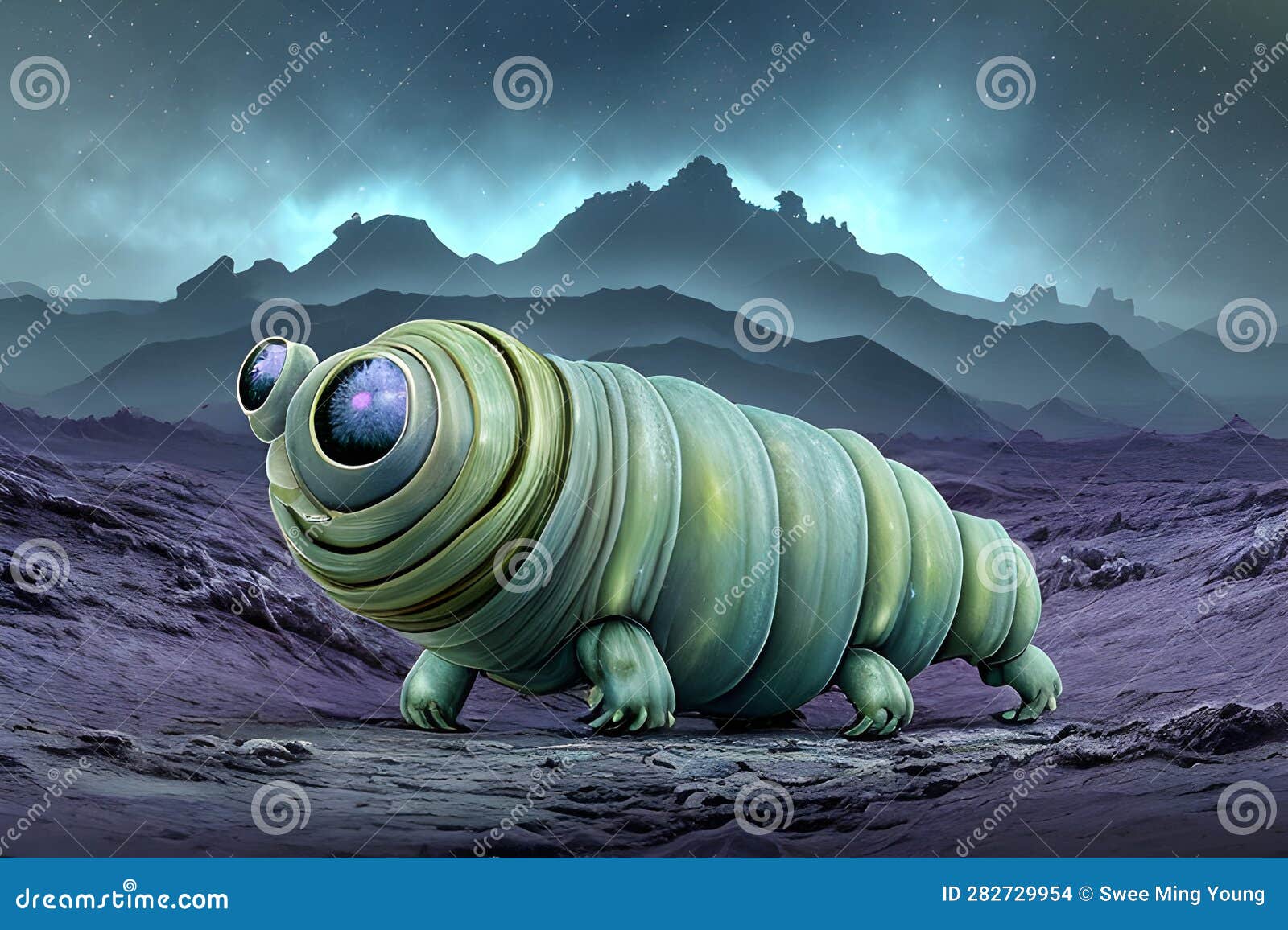 painterly image of the otherworldly landscape of a tardigrade and some bacteria.