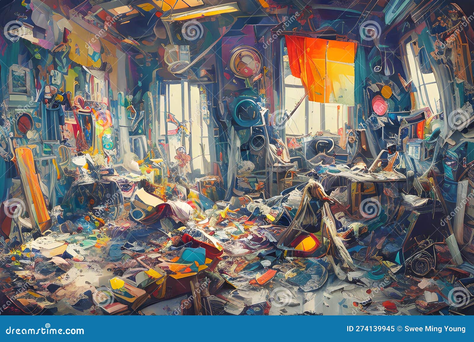 image of various messiest bedroom fully filled with all kind of different messy thrown away objects around the limited room space