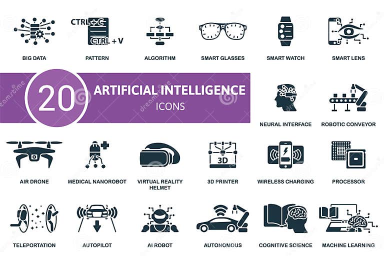 Artificial Intelligence Icon Set. Monochrome Simple Artificial ...