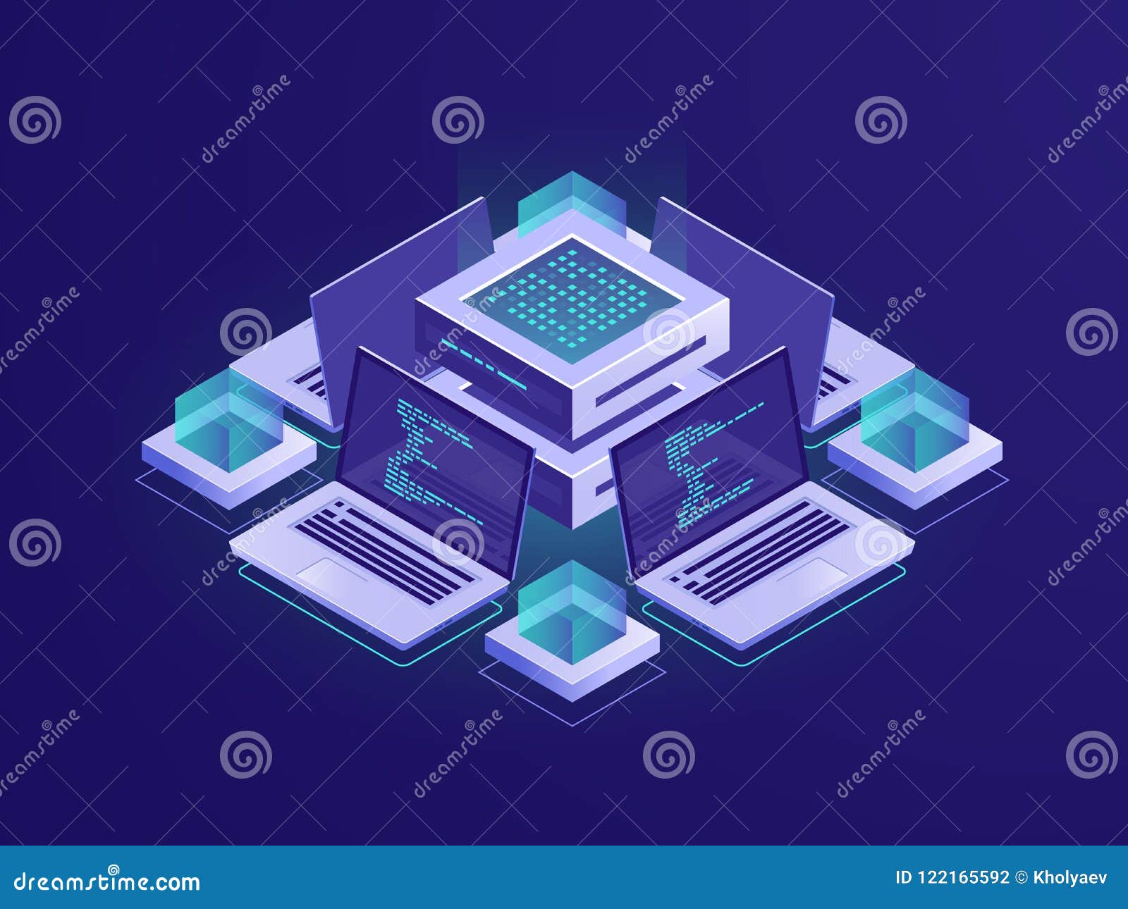 artificial intelligence isometric icon, server room, datacenter and database concept, code repository access, programm