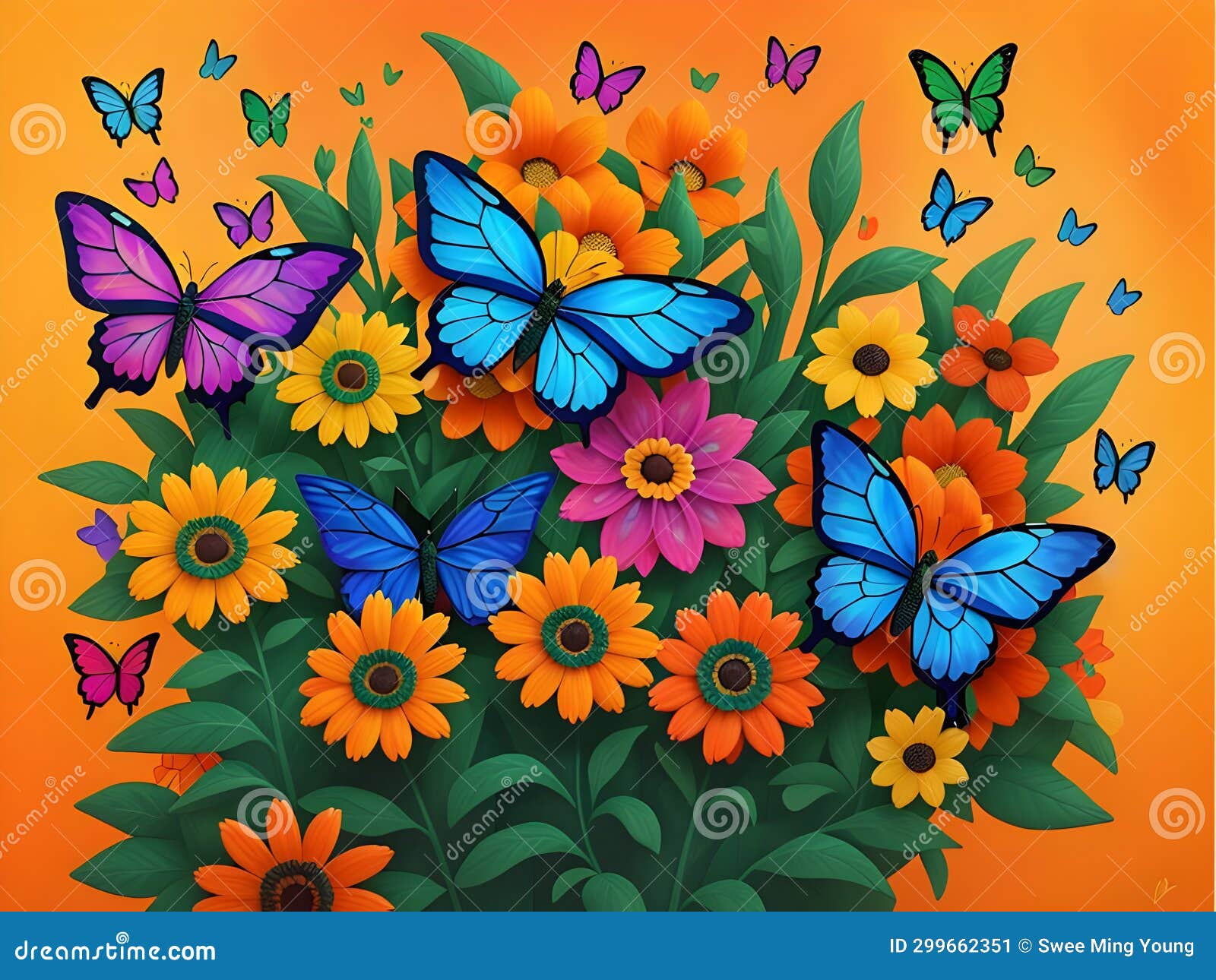 Image of Colorful Flowers and Butterflies in Medium Impasto Style