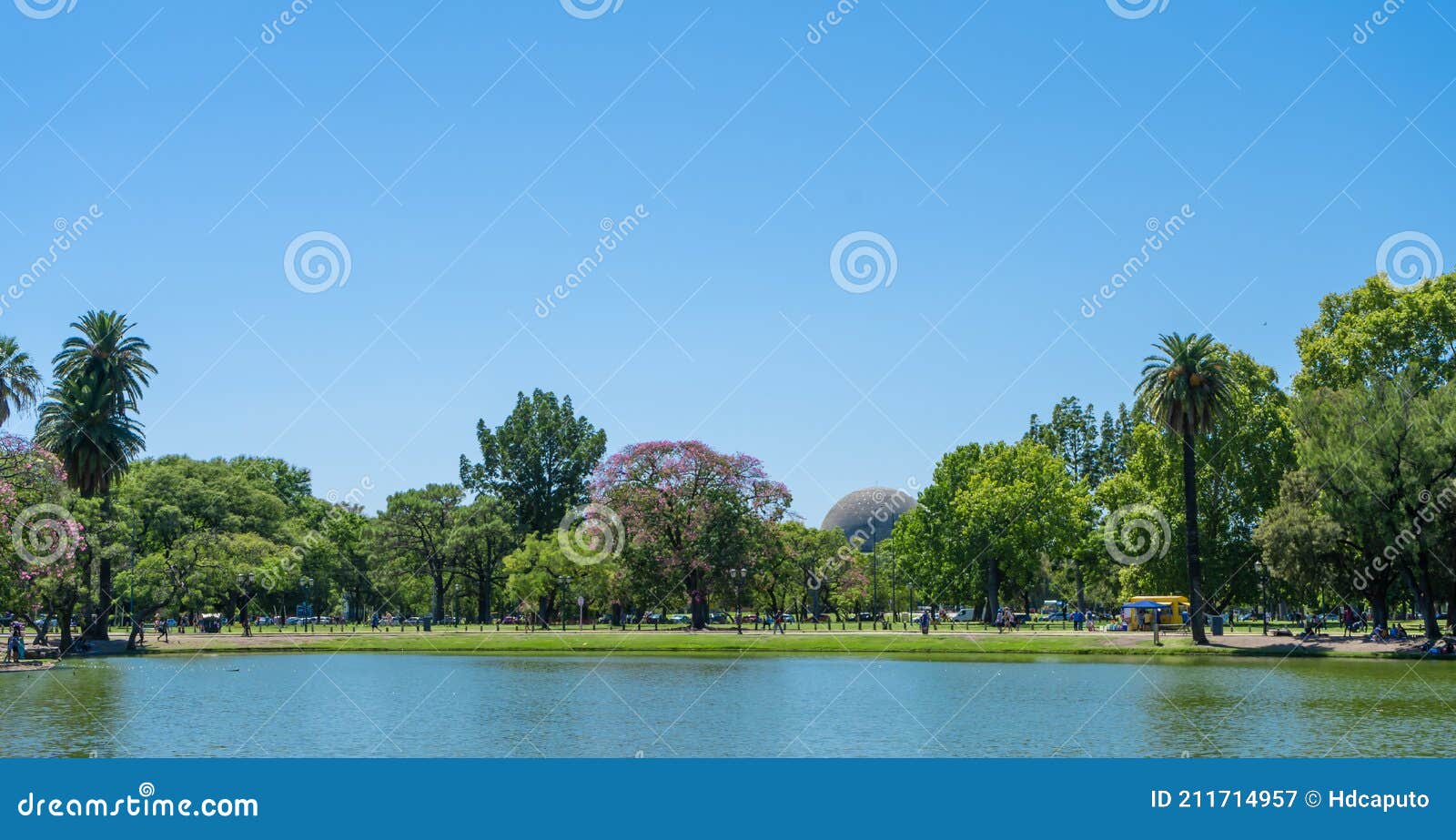 artificial lagoon that limits one of the parks in the forests of palermo, buenos aires. in the background you can see the