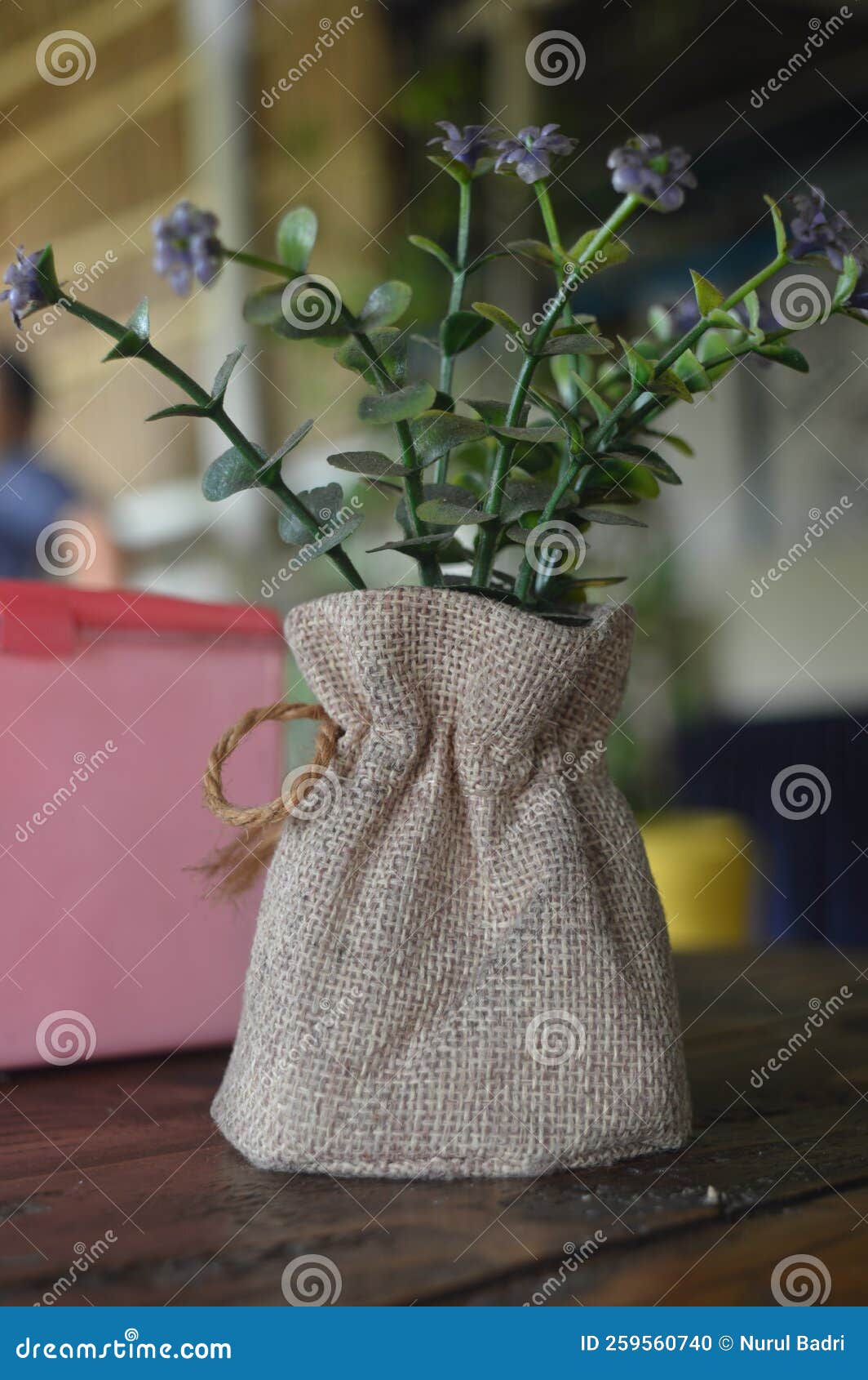 Artificial Plant with Pot Made of Burlap Sack, Cafe Table Interior