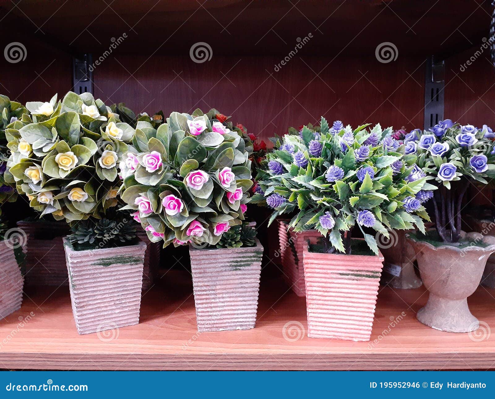 Artificial Flower Vase on Wooden Shelves. Stock Photo Image of