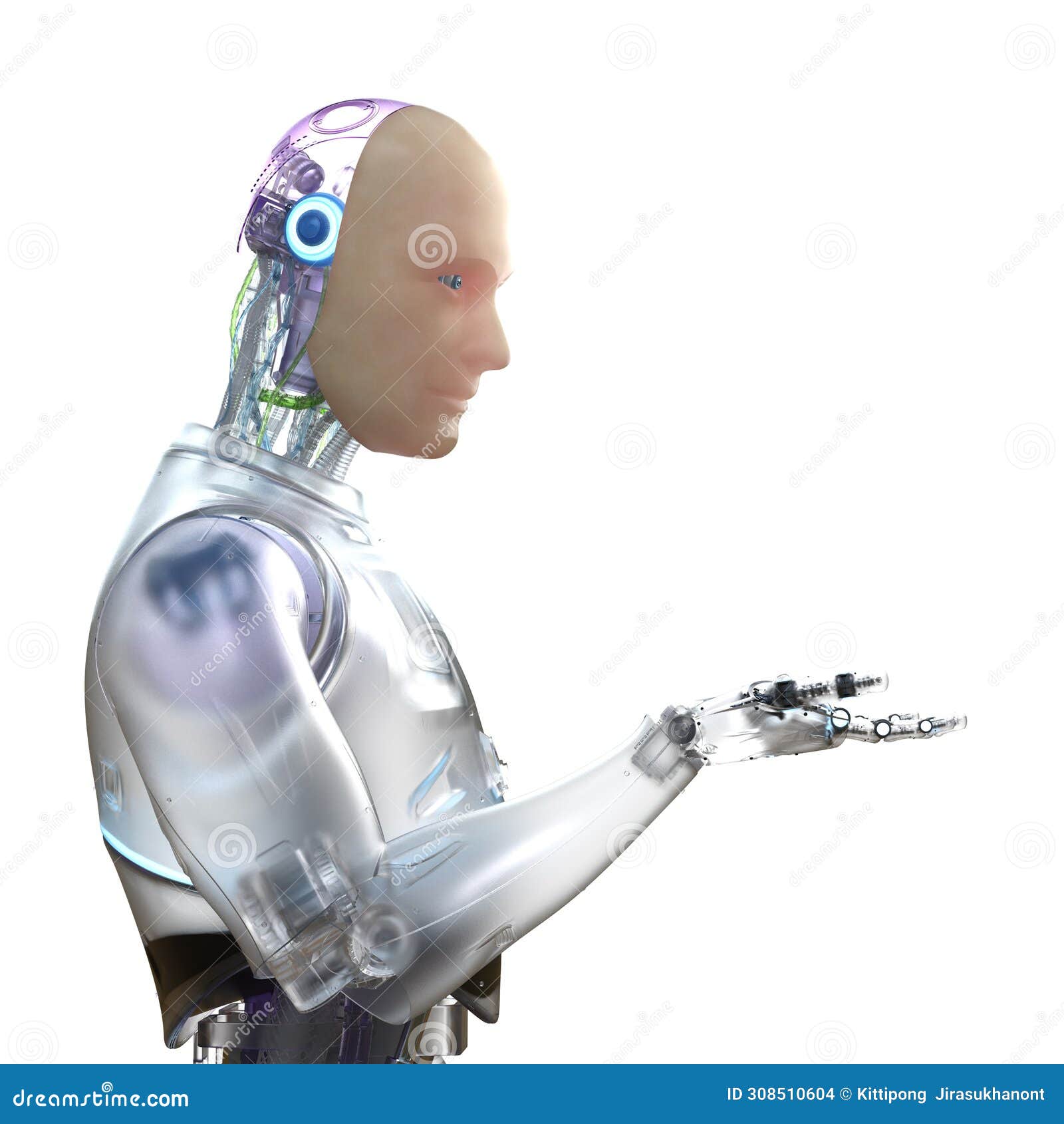 artificial skin or human-like skin robot open hand  on white