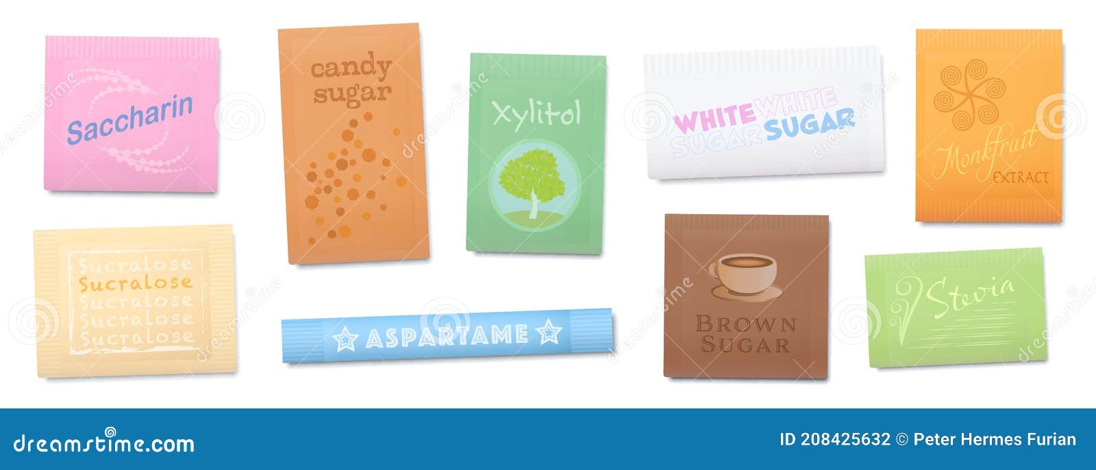 Artificial Sweeteners Sugar Substitutes Color Packets Stock Vector