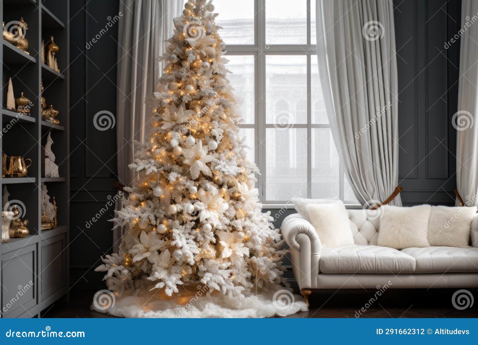 Artificial White Christmas Tree Adorned with Gold Garlands Stock Photo
