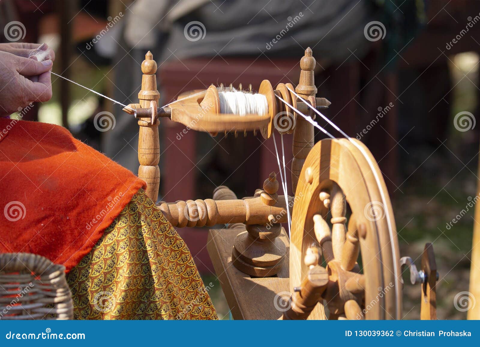 Artisan Makes Yarn with Spinning Wheel Stock Photo Image of wool
