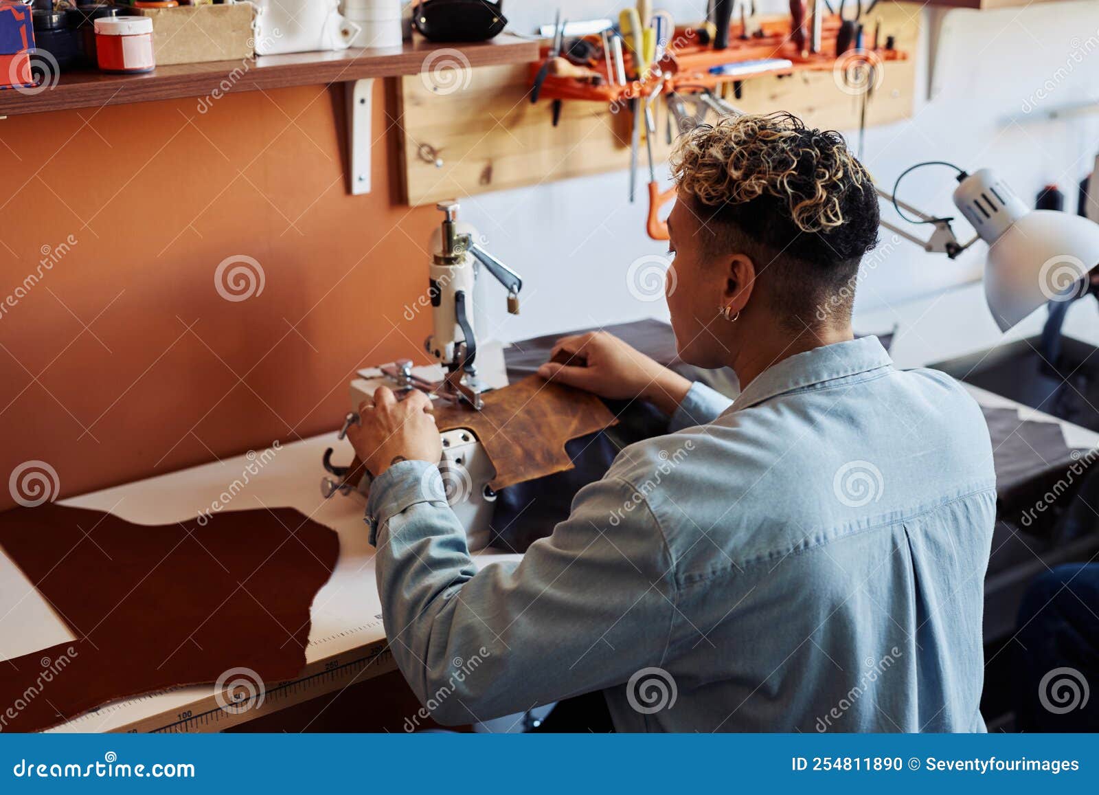 Artisan Sewing Leather in Shop Stock Photo Image of leatherworking