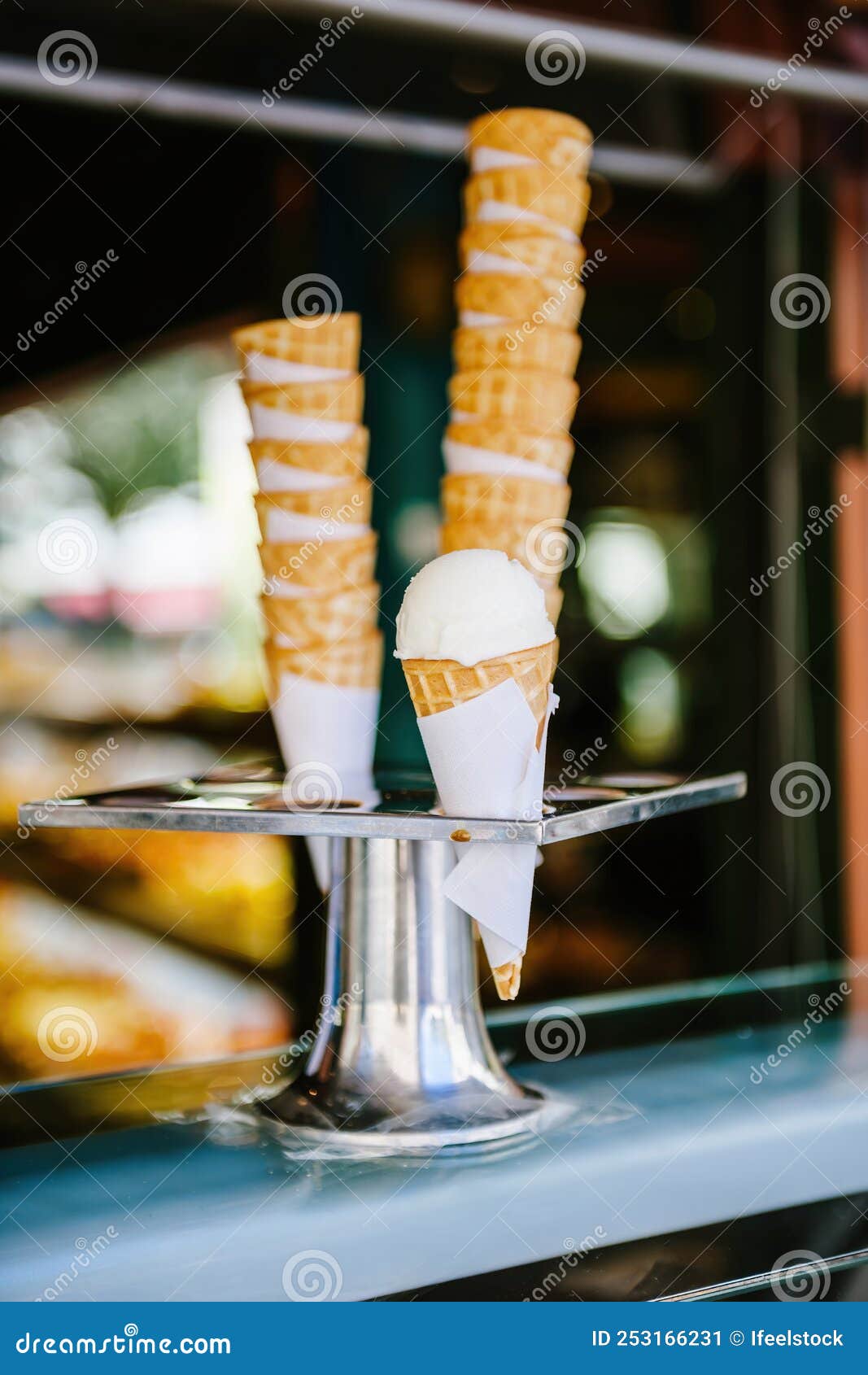 Artisanal Ice Cream Parlor with Selective Focus on Ice Cream Cones