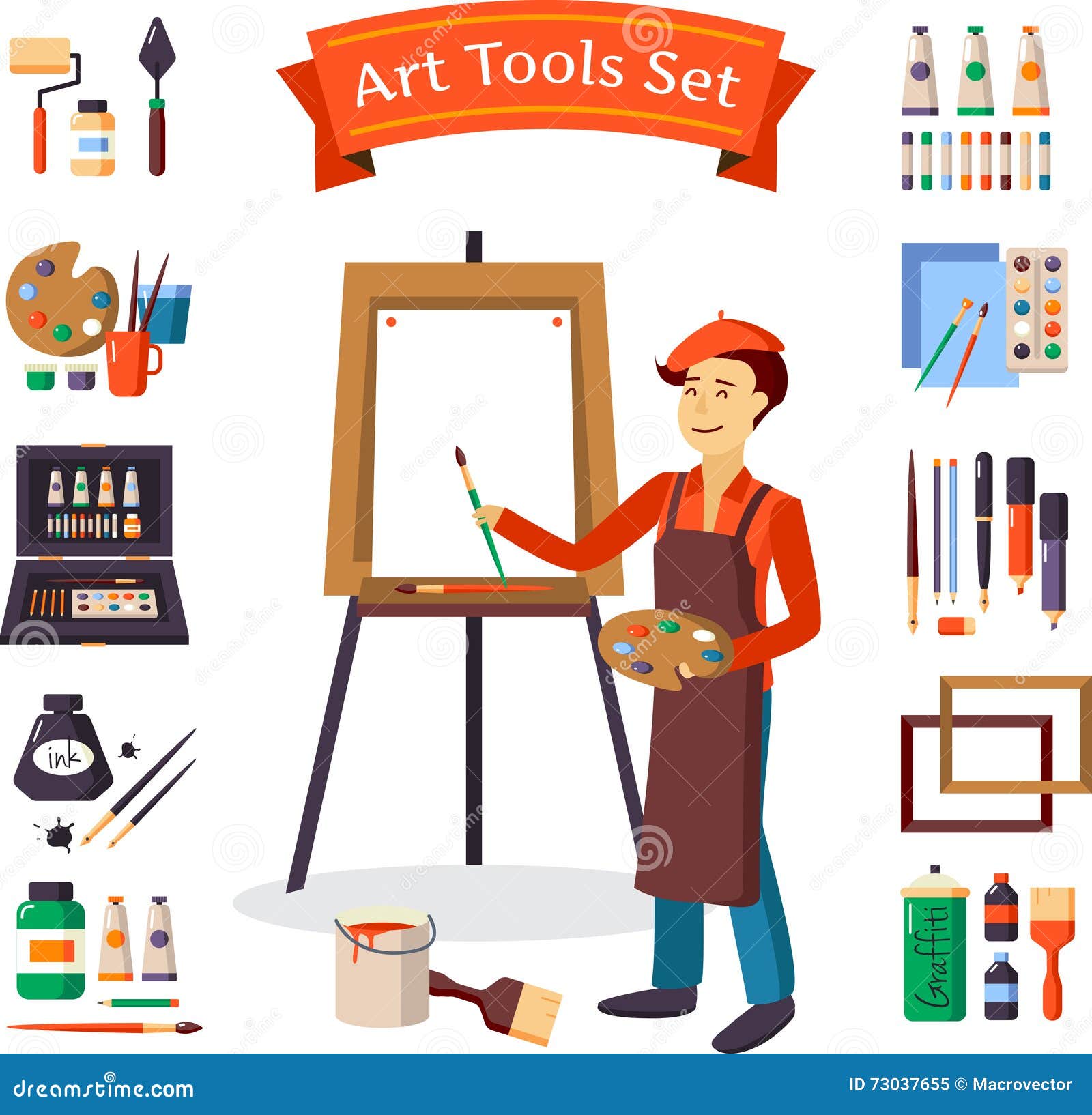 Artist and Art Tools Set stock vector. Illustration of brush 73037655