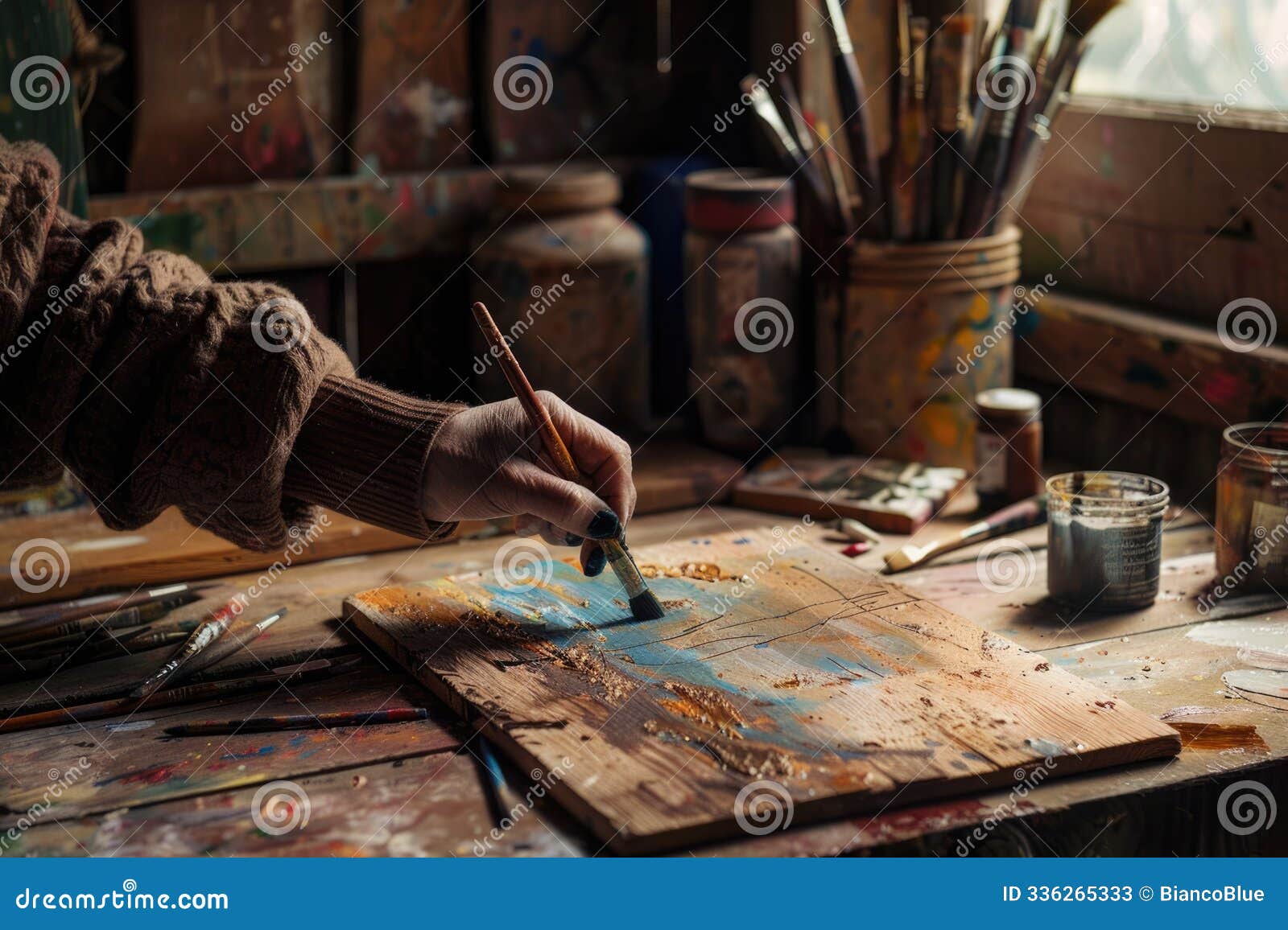 an artist creating vibrant modern abstract masterpiece on wooden canvas. aig61.