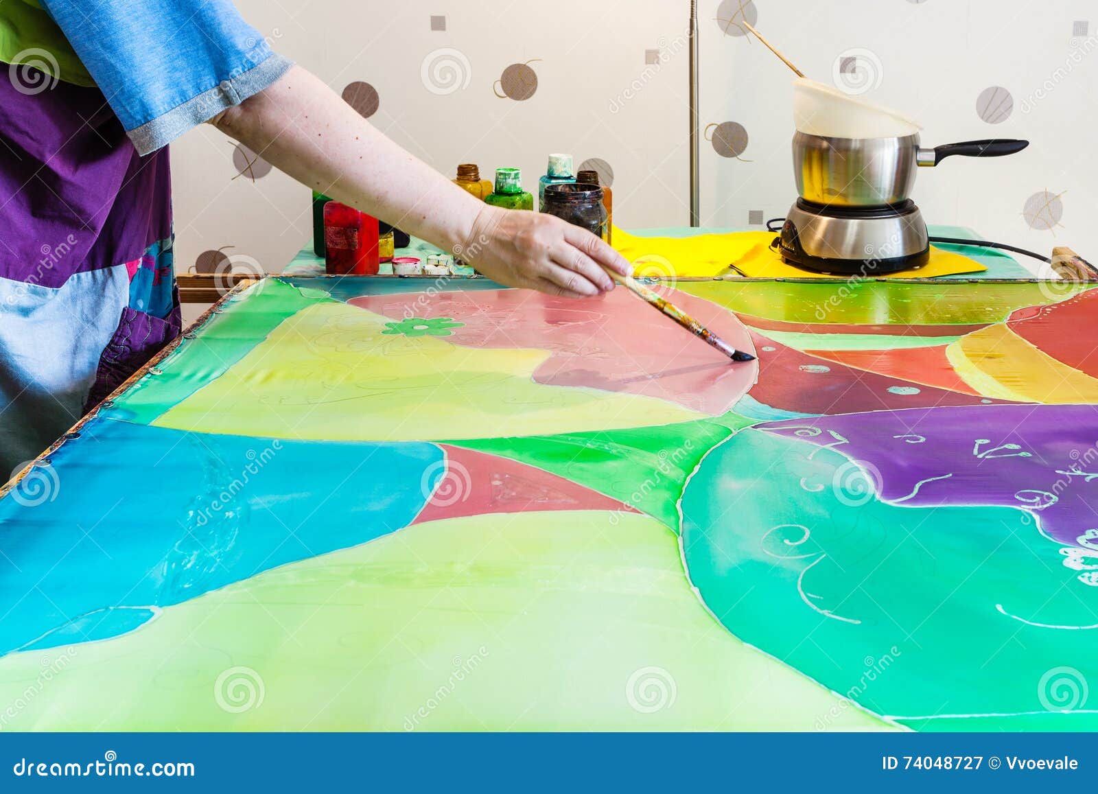 Artist Gets Second Layer of Paint on Silk Fabric Stock Image Image of