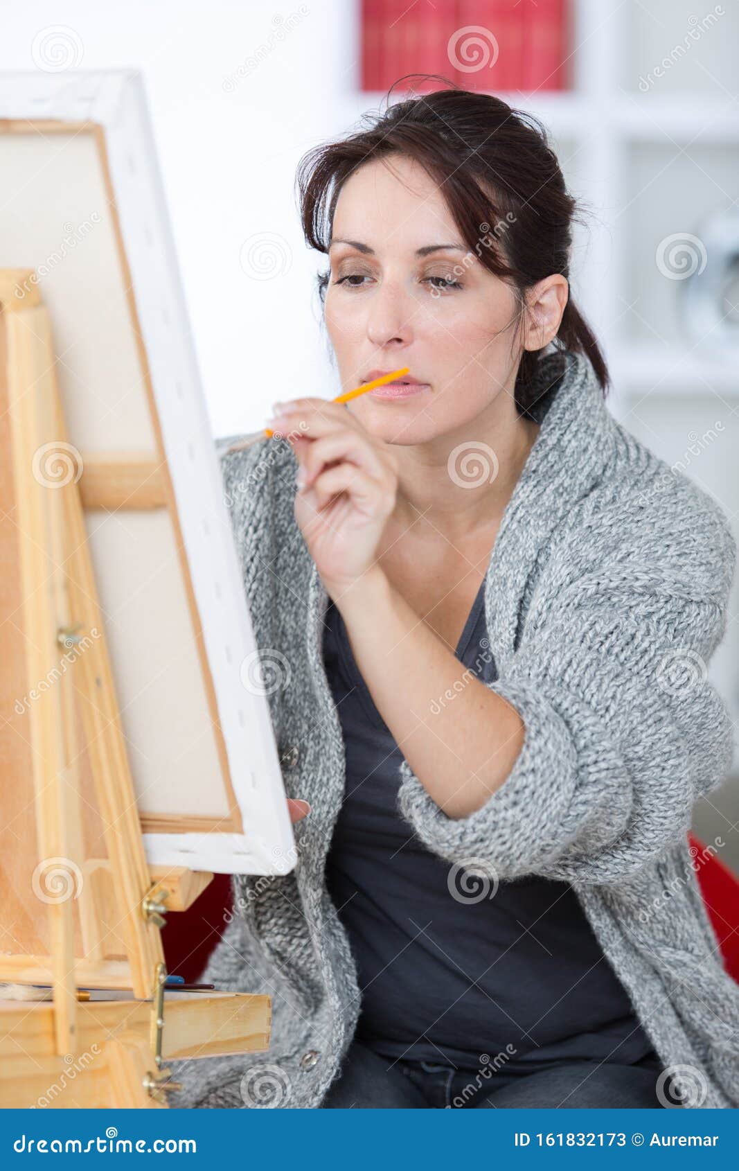 Artist Makes Paint Brush Strokes on Canvas Stock Image Image of