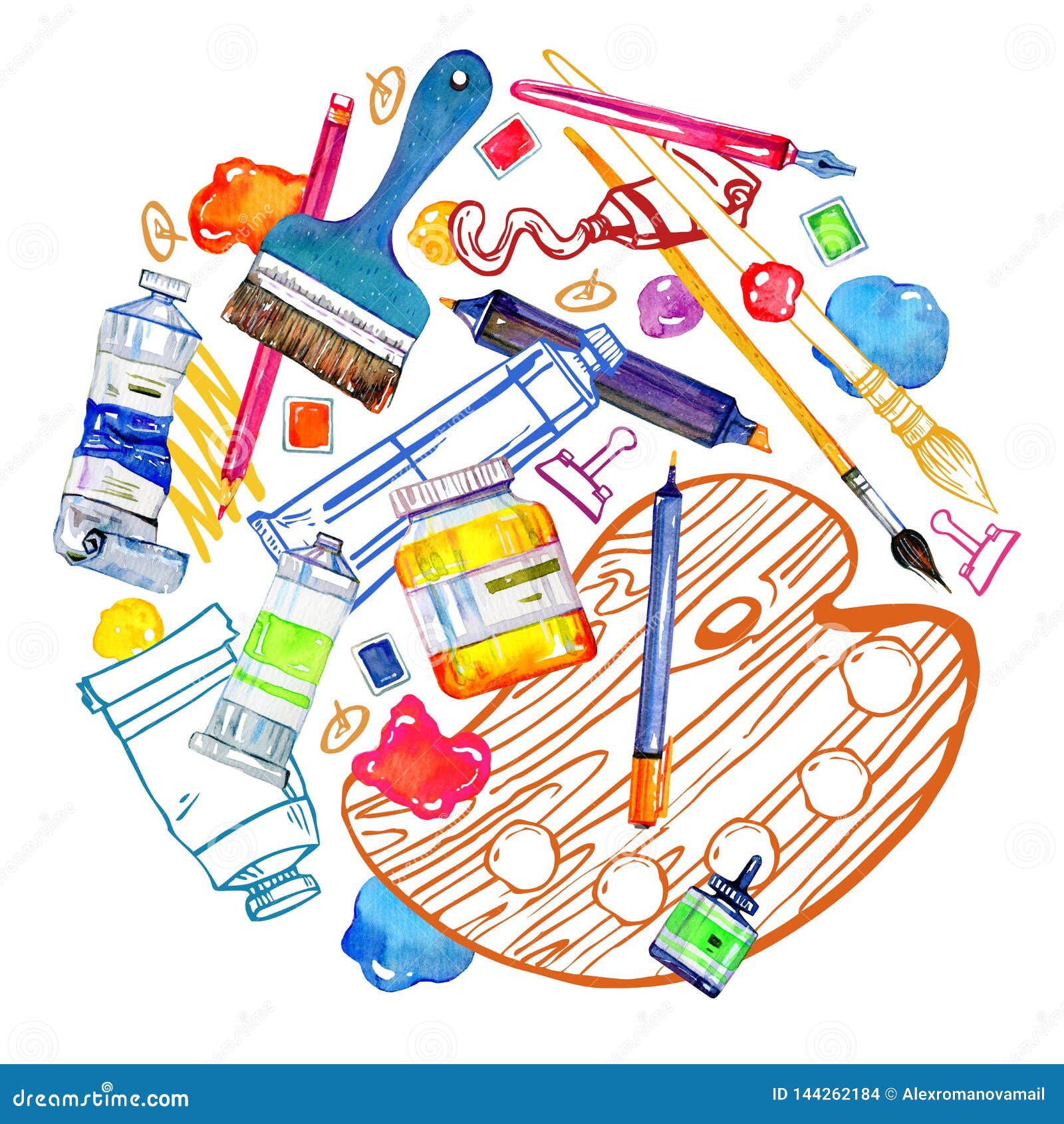 Artist Materials in Round Composition - Palette, Brushes, Pens and ...