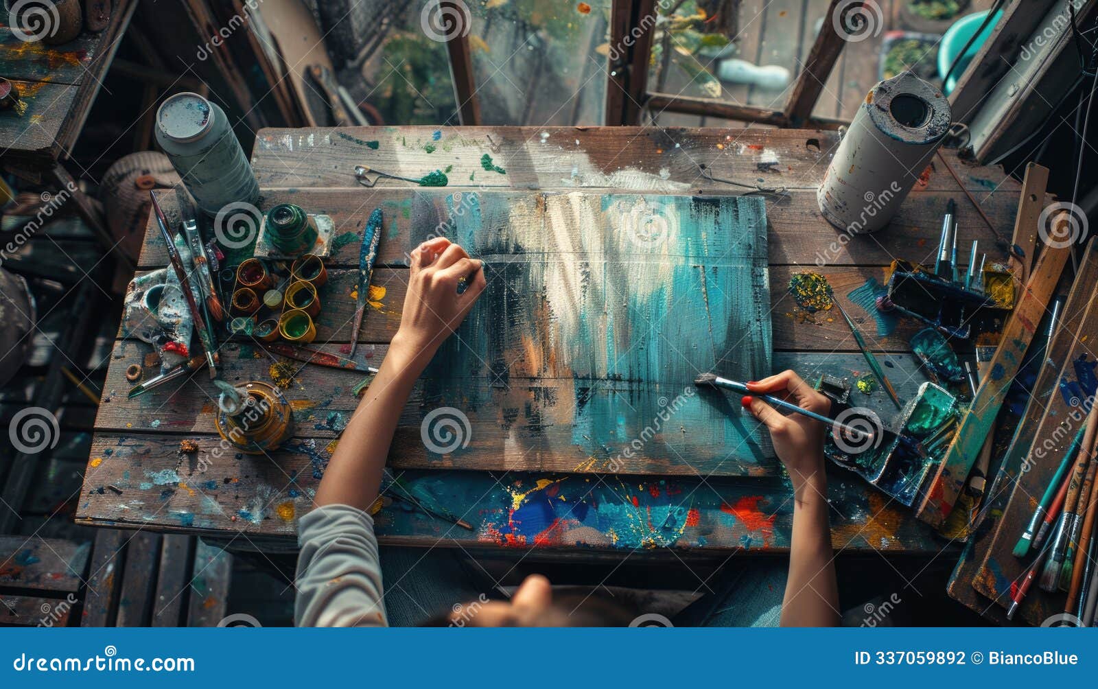 an artist creating vibrant modern abstract masterpiece on wooden canvas. aig61.