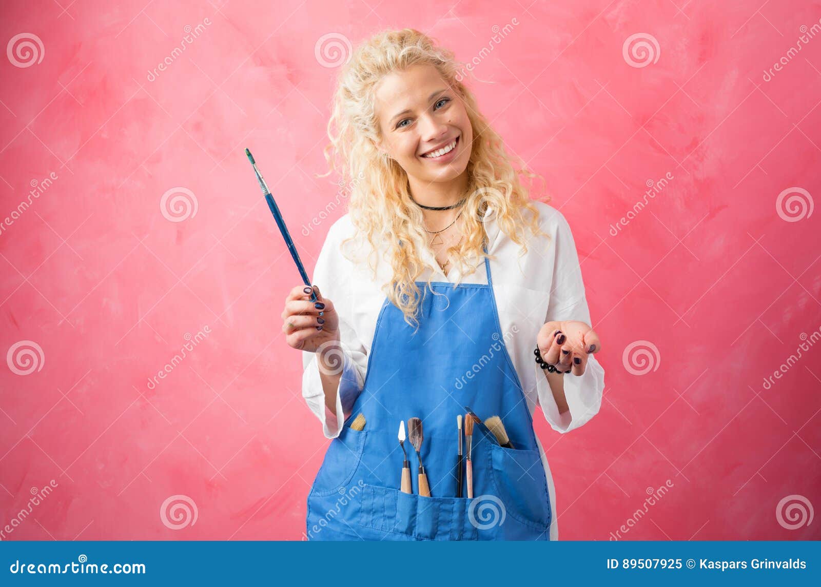 Artist with Paint Brush in Hands Smiling Stock Image Image of happy