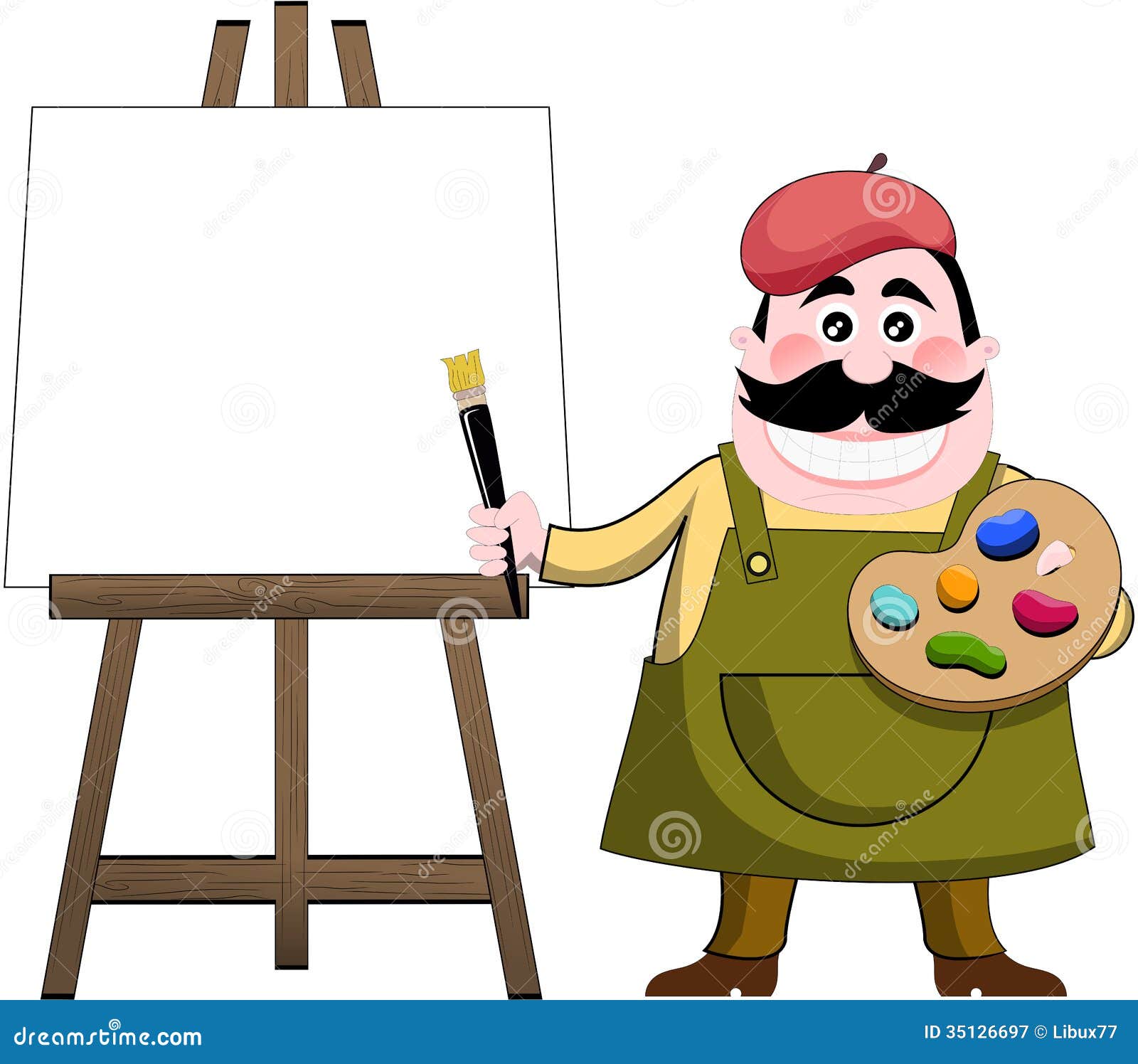 Cartoon Artist Painter with palette and brush next to art easel with 