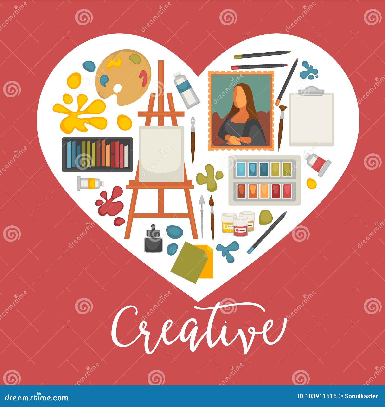 Artist Painting Tools and Artistic Materials Icons Set in Heart Shape ...