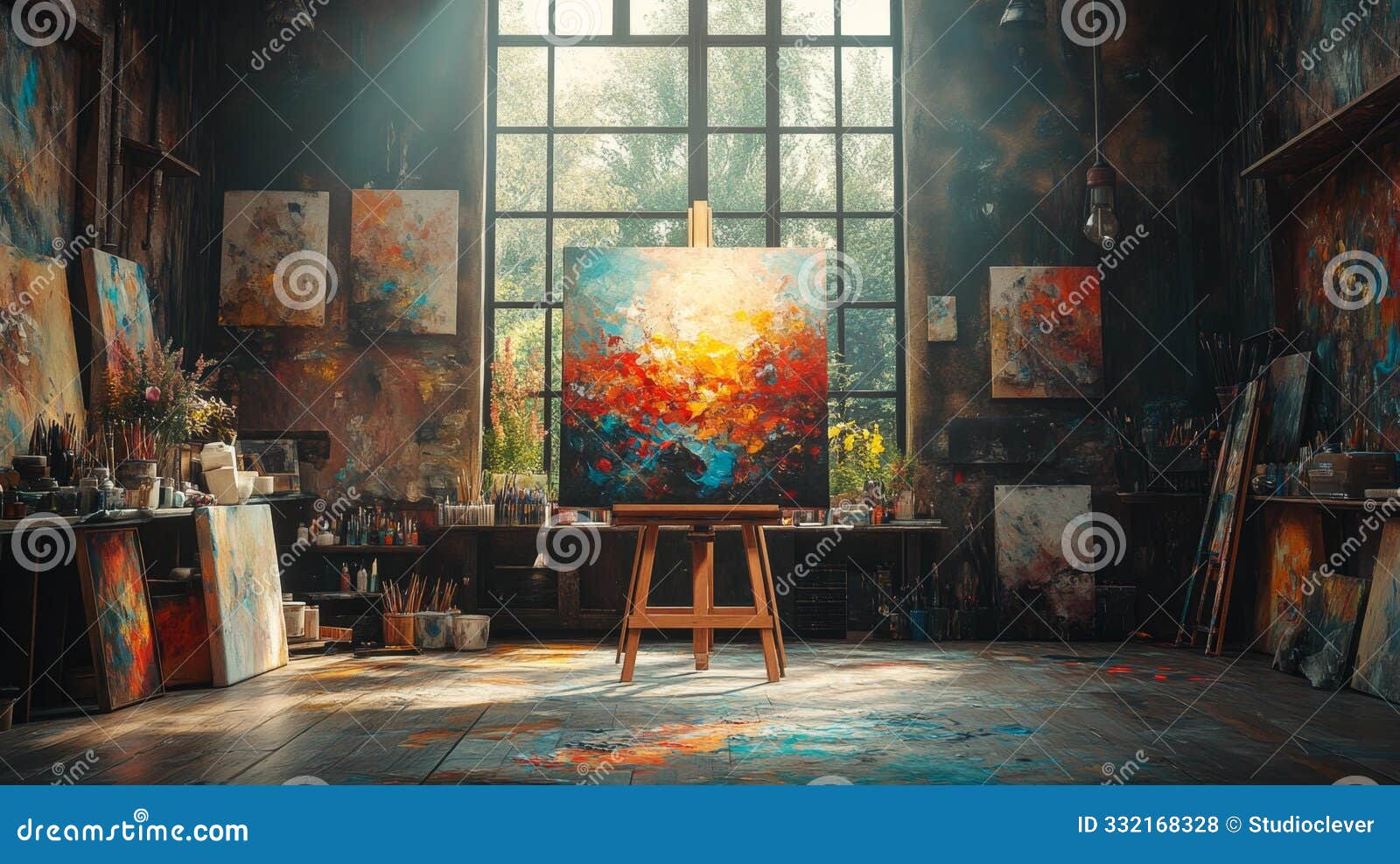 artist's studio with abstract painting - generative ai
