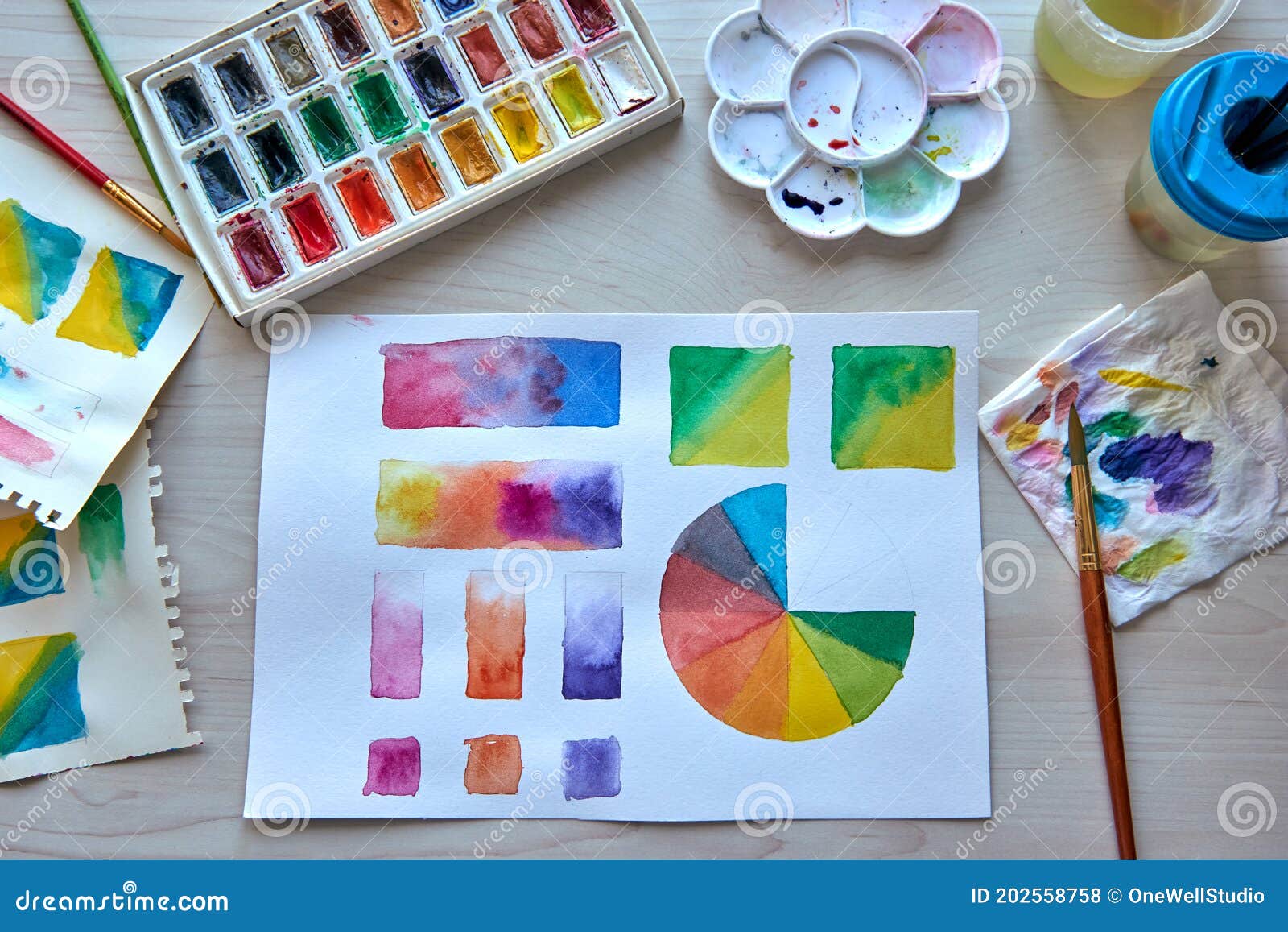 Artist`s Workplace. Art Supplies Brushes, Paints, Watercolors. Art Studio. Drawing Lessons. Creative Workshop. Design Place. Stock Photo - Image Of Creative, Design: 202558758