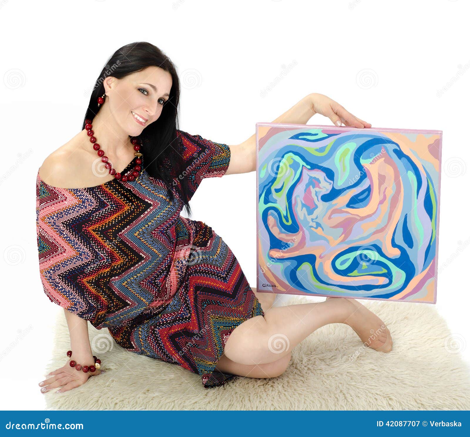 Portrait of woman artist sitting with abstract painting Cats on white background