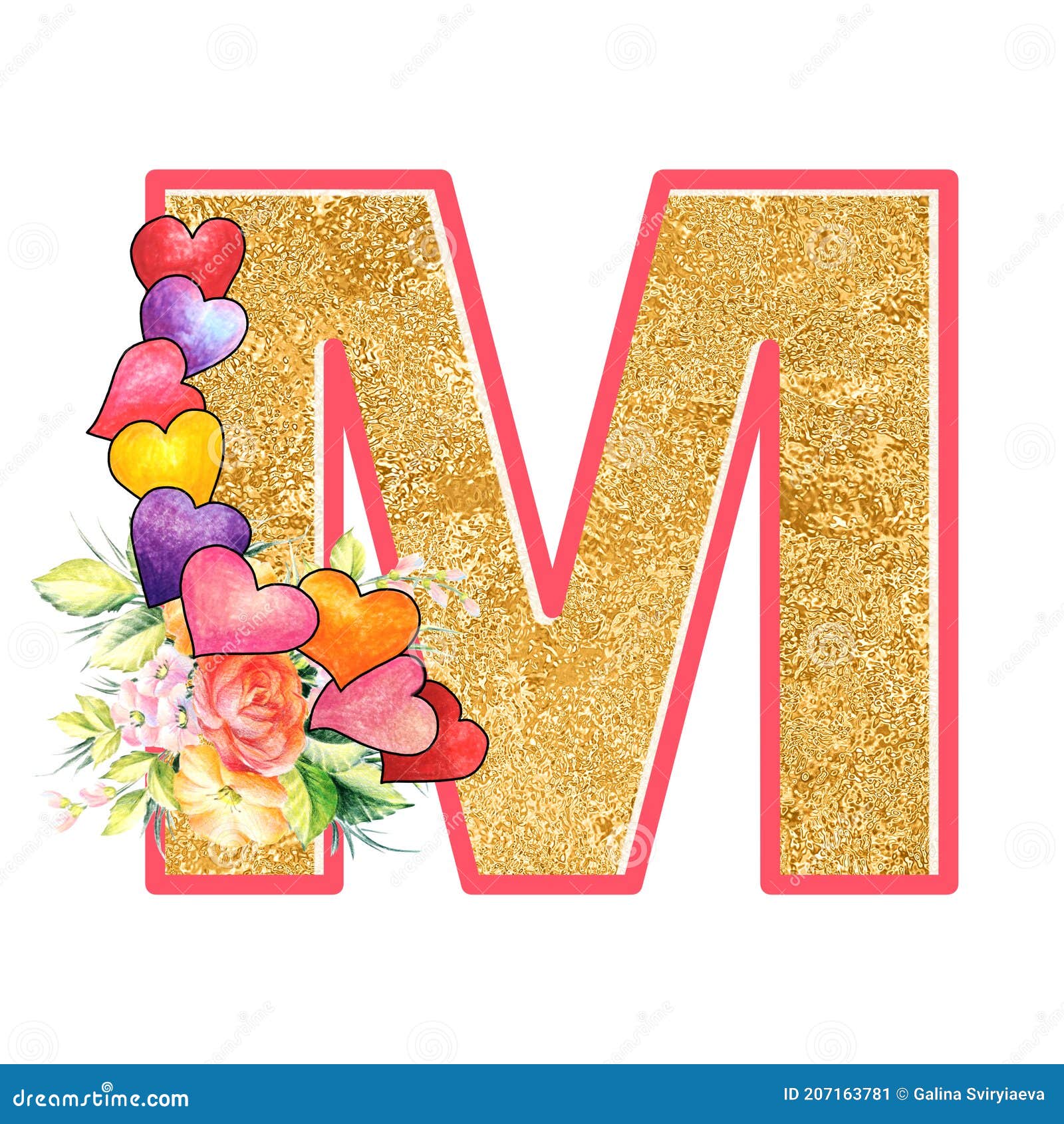 Artistic Alphabet, Letter M Illustration with Summer Bouquet Leaves and
