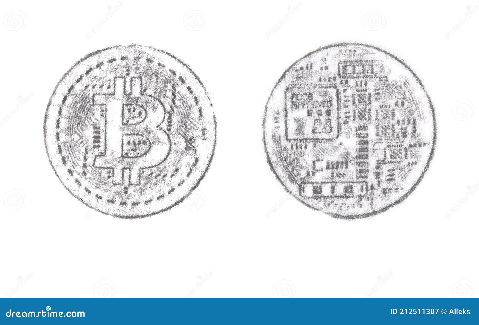 artistic collage of bitcoin obverse and reverse. graphite pencil on paper. black and white version