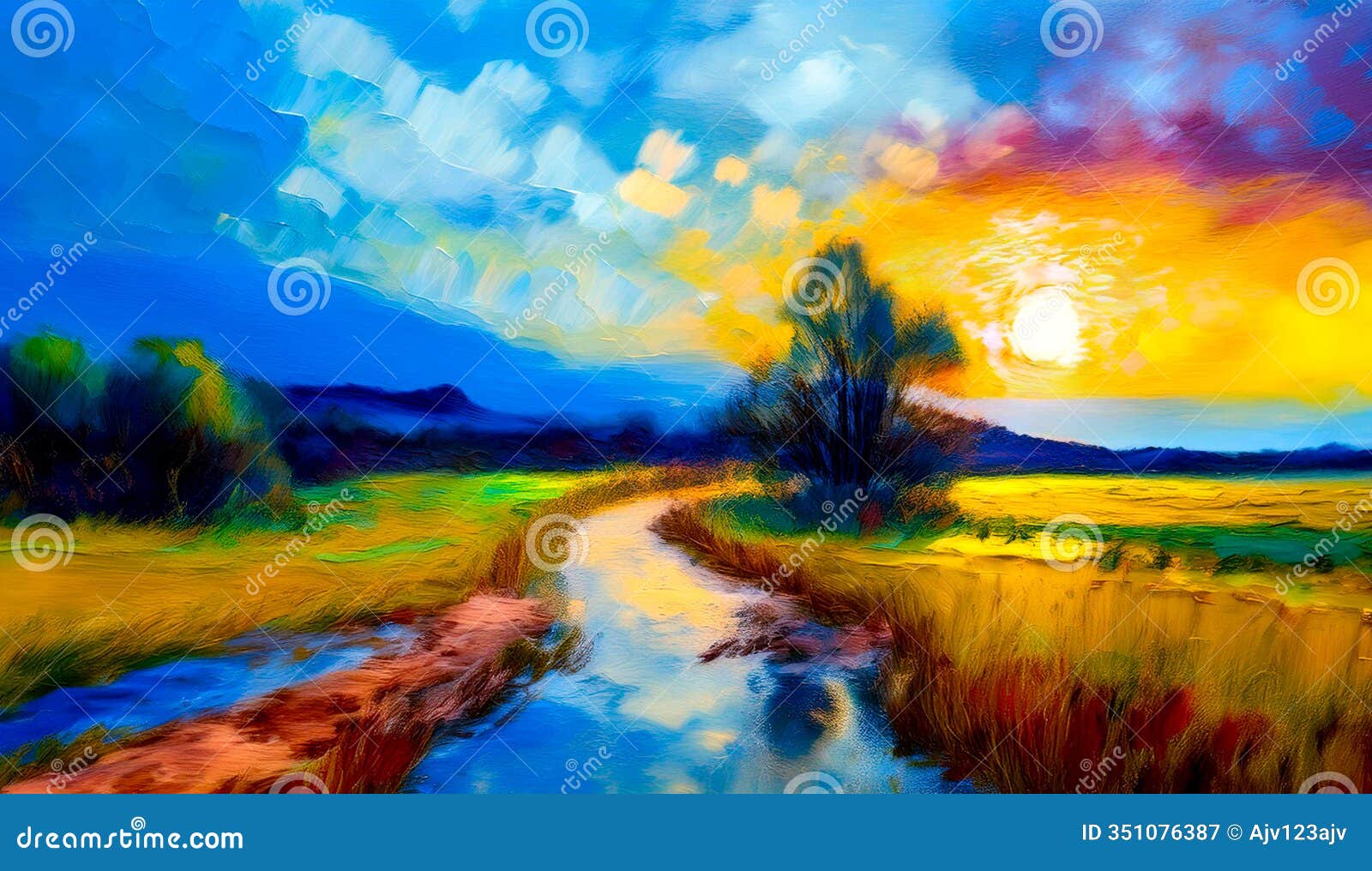 an artistic concept sketch of a landscape with a sunset in the background