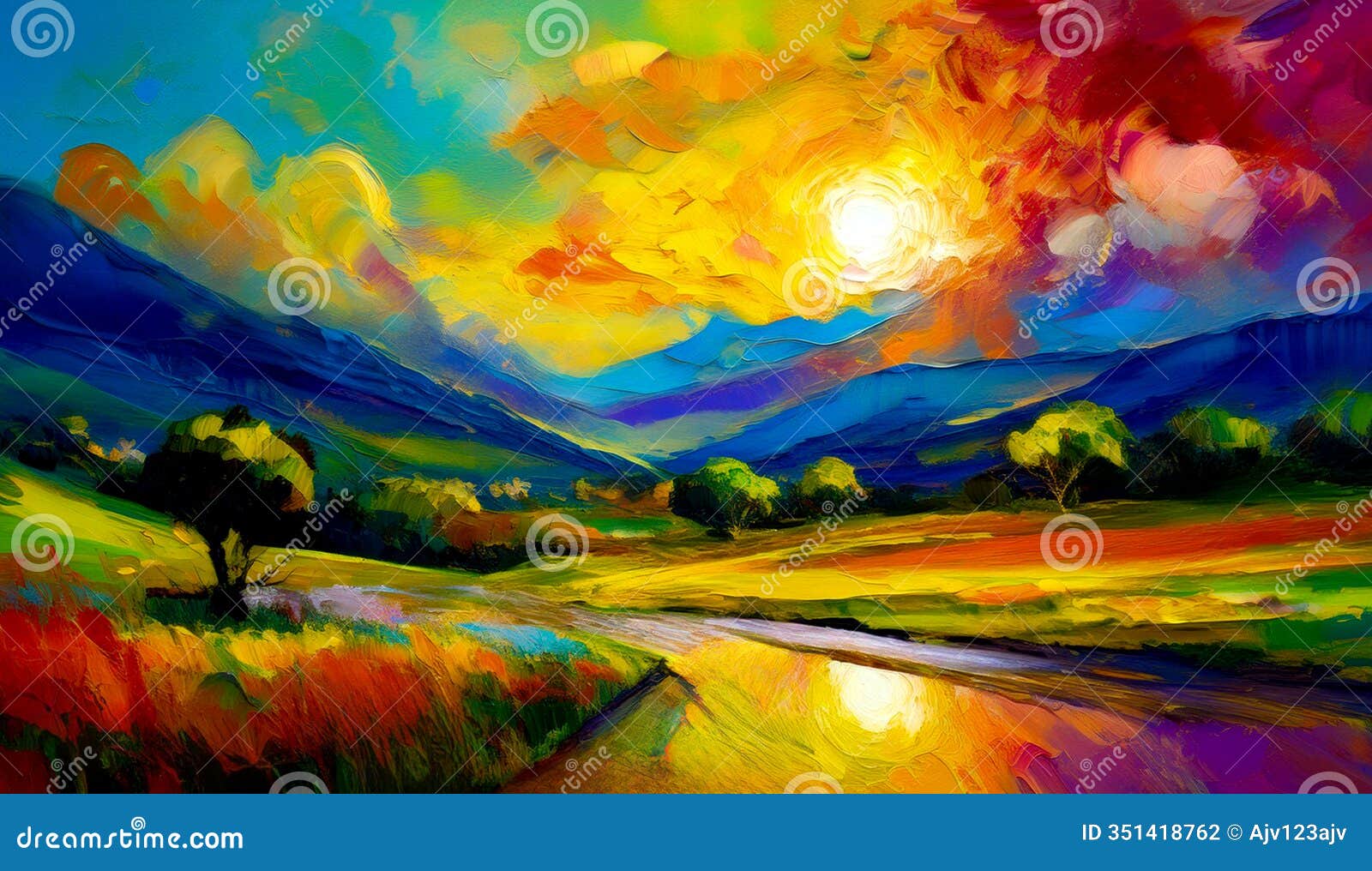 an artistic concept sketch of a landscape with a sunset in the background