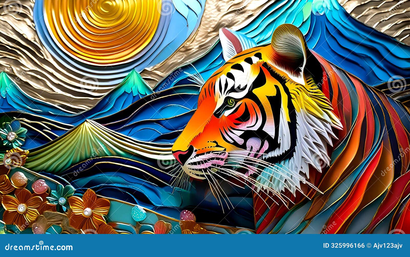 an artistic concept sketch for a studio artwork of a tiger on embossed pewter material
