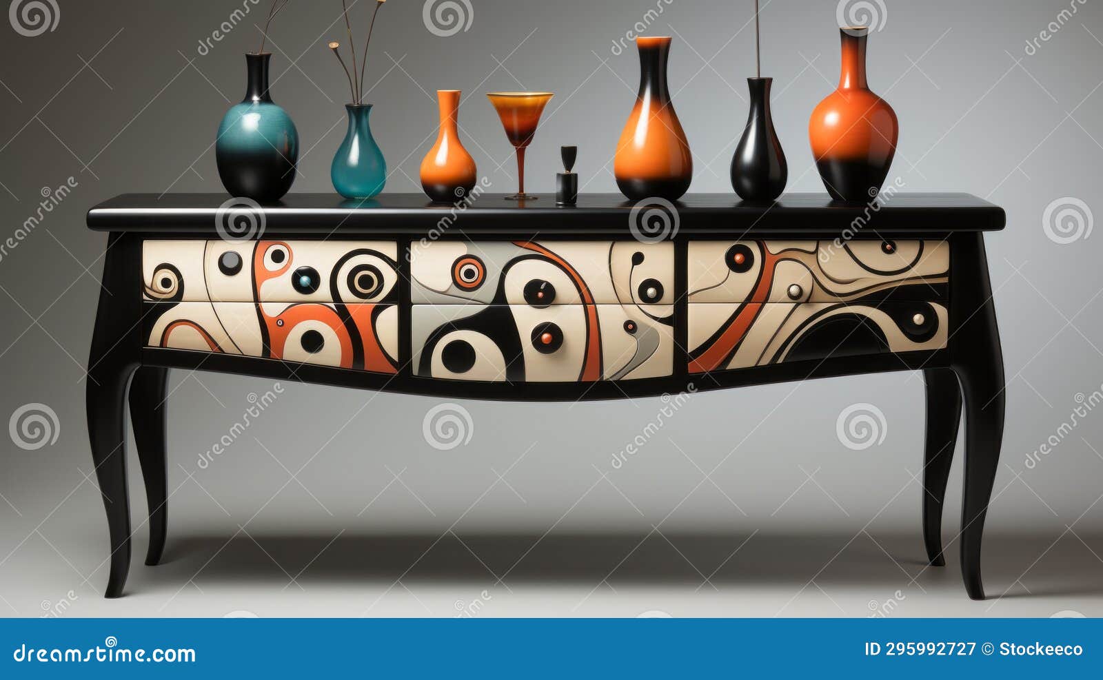 Artistic Console Table with Lines and Decorative Vases Stock Illustration Illustration
