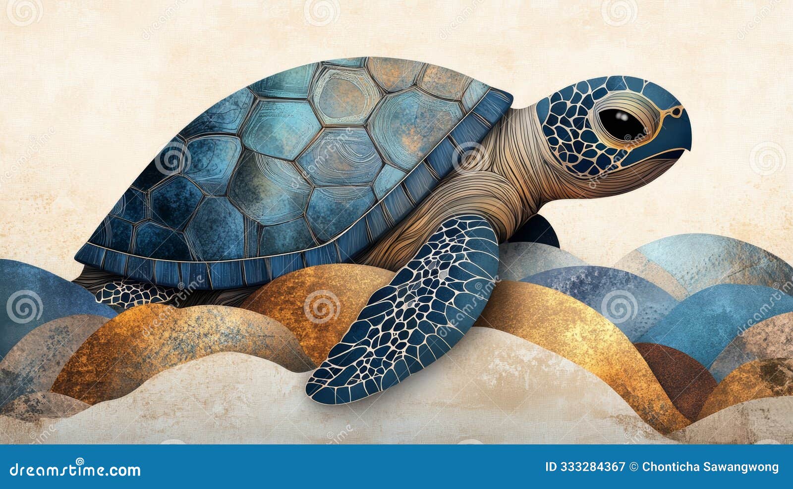 artistic depiction of a turtle resting on waves, showcasing vibrant colors and detailed textures, perfect for ocean-themed